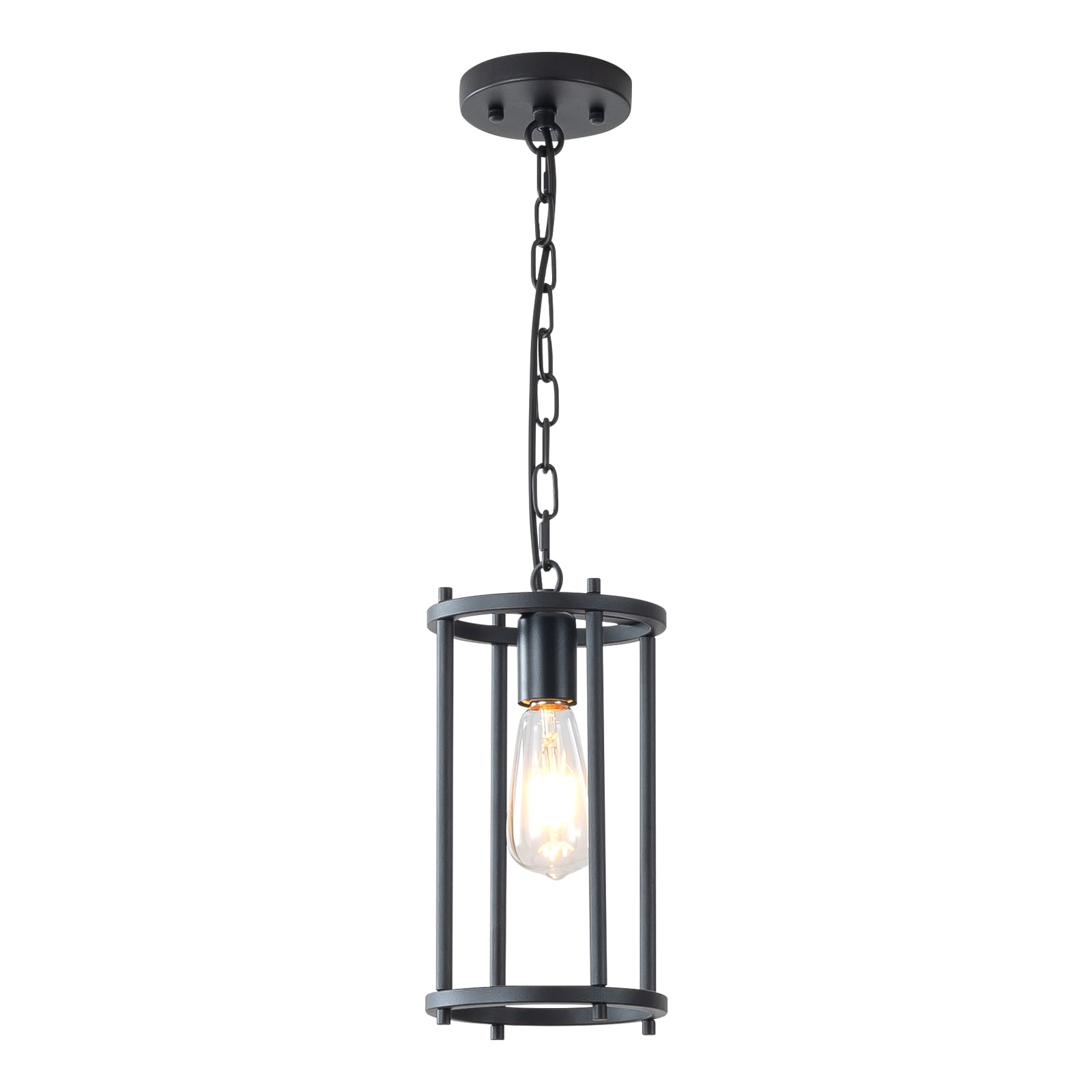 ZHLLMQ Industrial Open Cage Single Pendant Collection 1-Light Matte Black Round Cylinder Cage Pendant Adjustable Chain E26 Max 60W Bulbs Not Included Kitchen Island Hall Entry Bedroom Hardwired Single Hanging Ceiling Light Fixture
