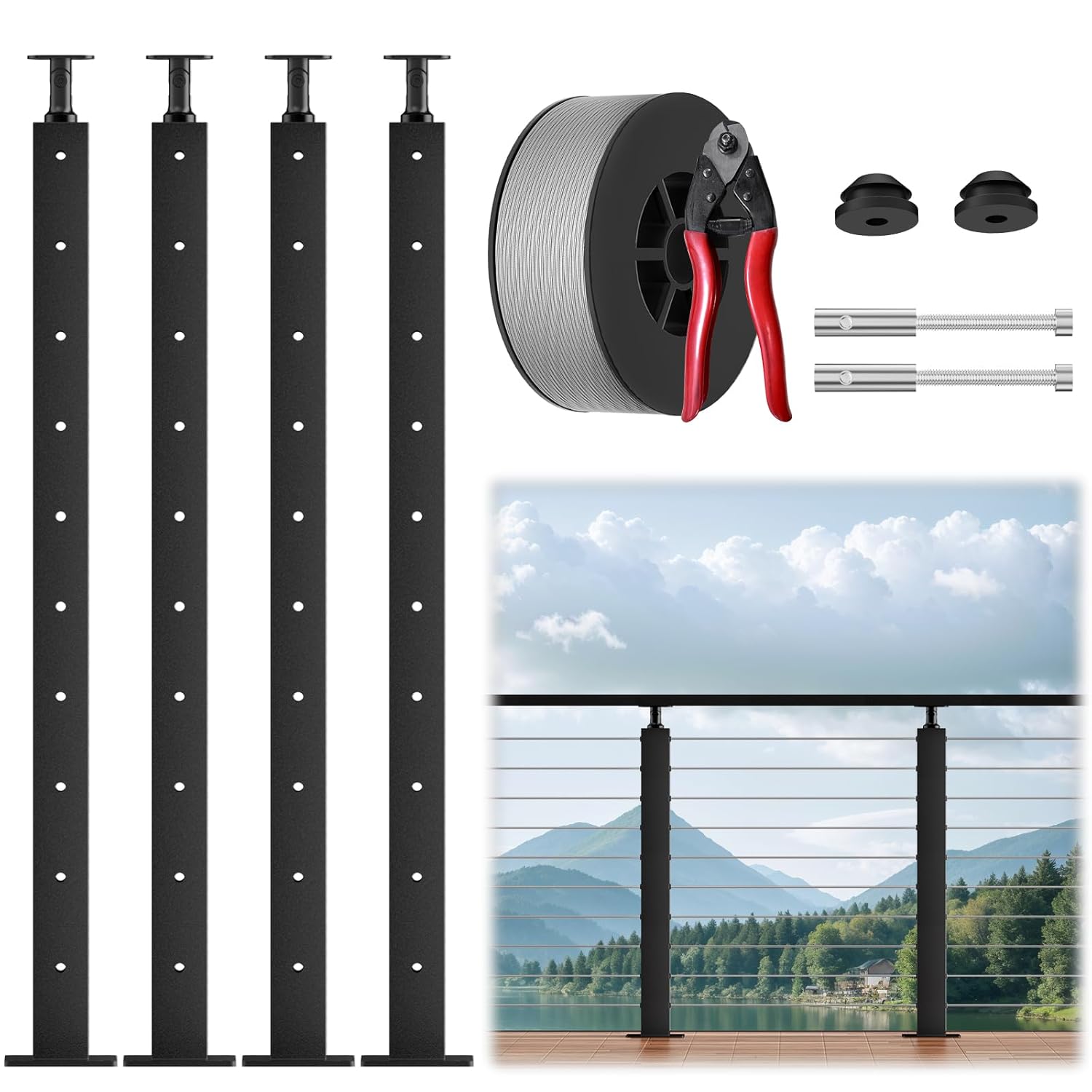 LOVMOR Complete Set Cable Railing Post Kit Include 4 Pack 36 inch Black Posts(No Handrail) #SF-R-4LP-GS