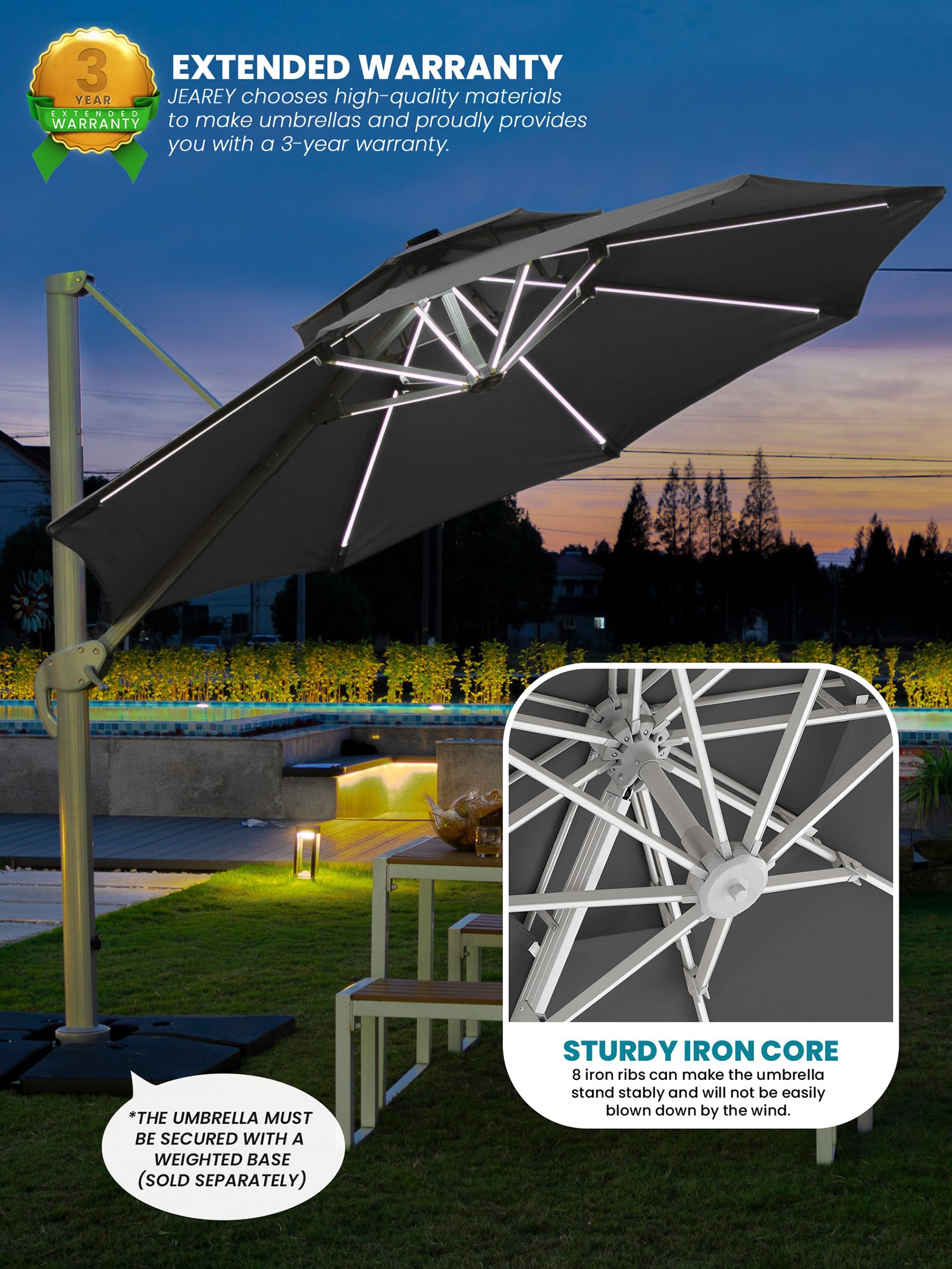 JEAREY 10-ft Aluminum Gray Offset Patio Umbrella With Lights In The ...