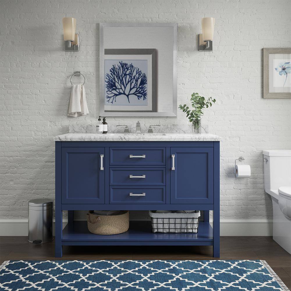 Design Element AF-49-BLU Affinity 49-in Blue Undermount Single Sink Bathroom Vanity with White W/ Gray Veins Marble Top