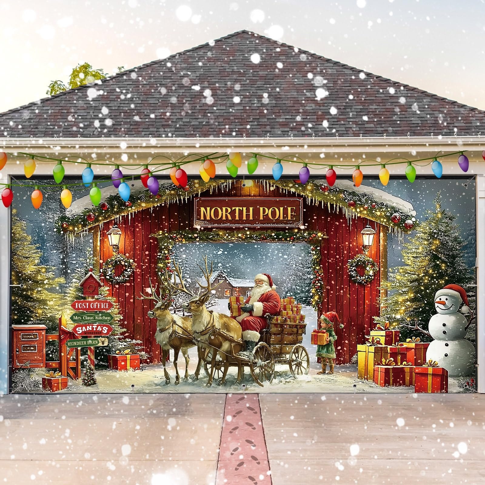 Etokfoks  Christmas garage door banner 6 x 13 ft North Pole snowy winter forest yard photo backdrop polyester outdoor decor