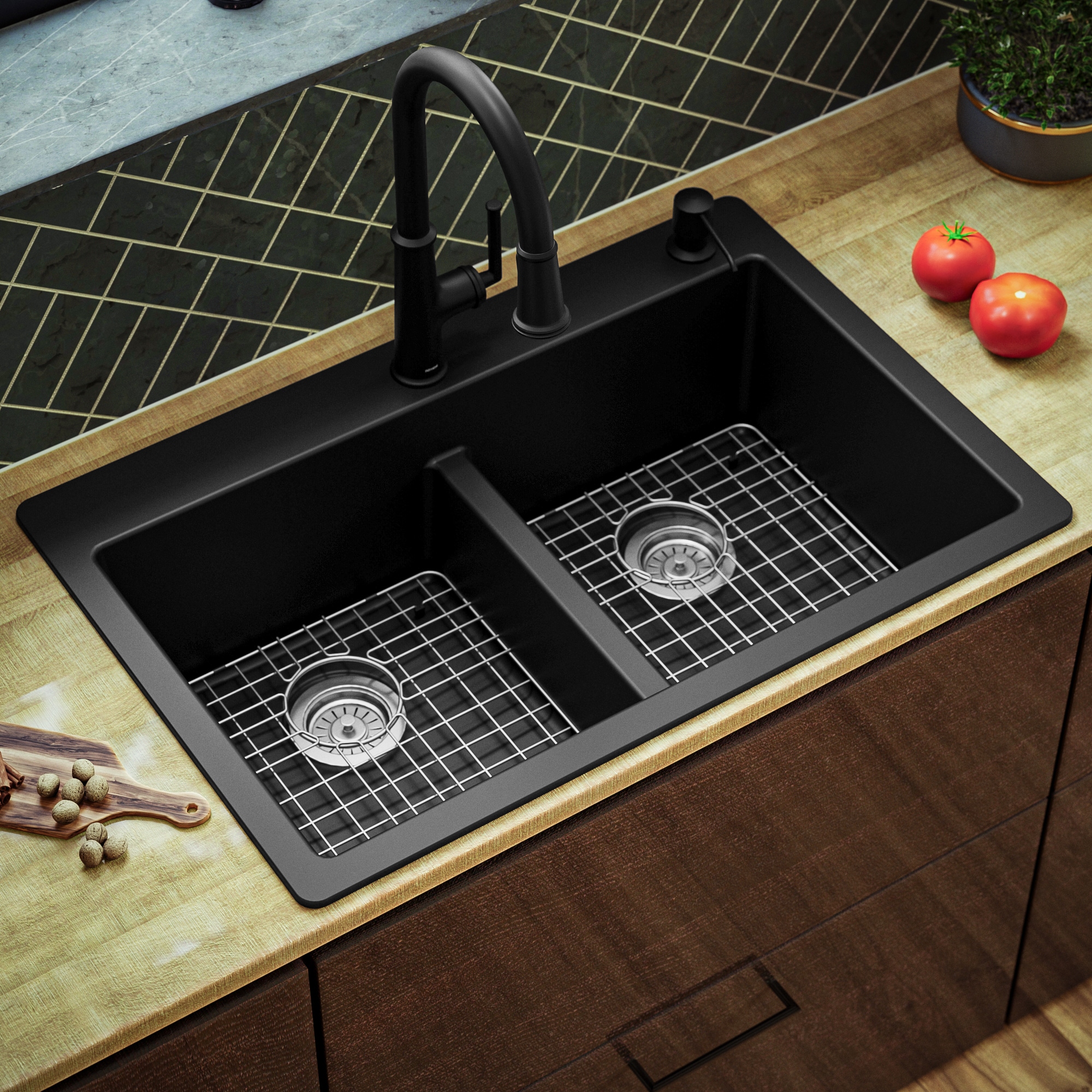 Karran Drop-In 33-in x 22-in Black Quartz Double Equal Bowl 1-Hole Kitchen  Sink