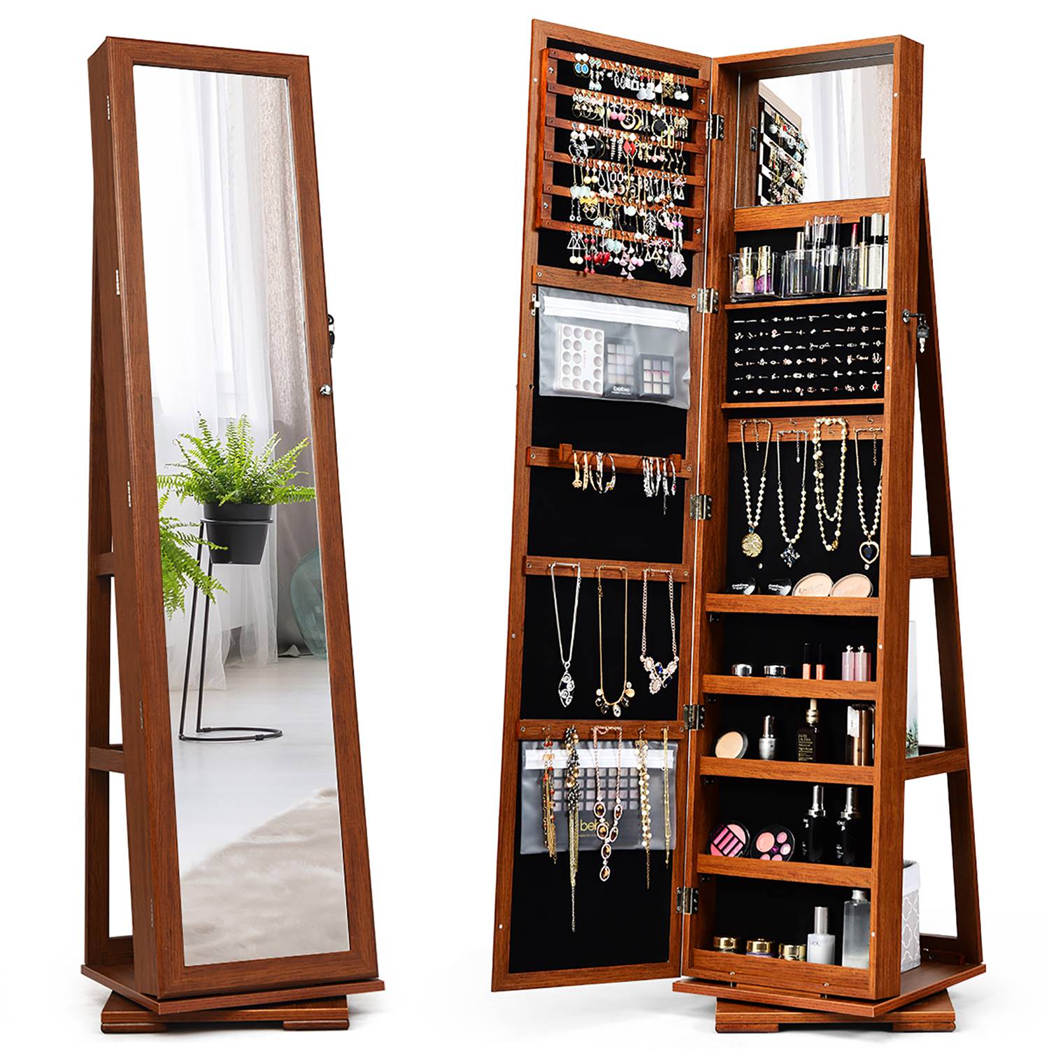Costway CSHY000156 360degree Rotatable Jewelry Cabinet 2-in-1 Lockable Mirrored Organizer Brown