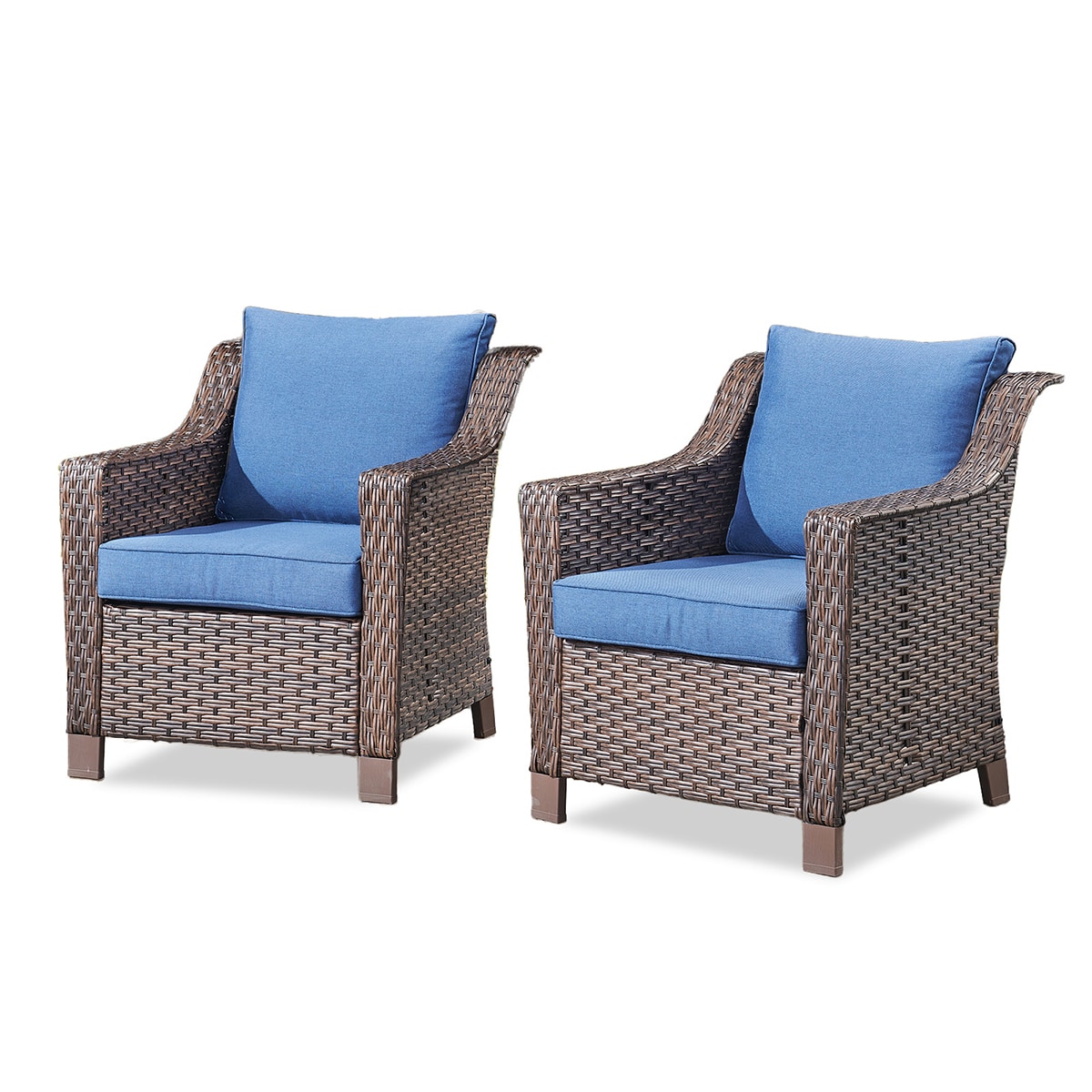 Rilyson FSLRBR11-1 L-Skinny Set of 2 Wicker Brown Wicker Frame Stationary Conversation Chair with Blue Cushioned Seat