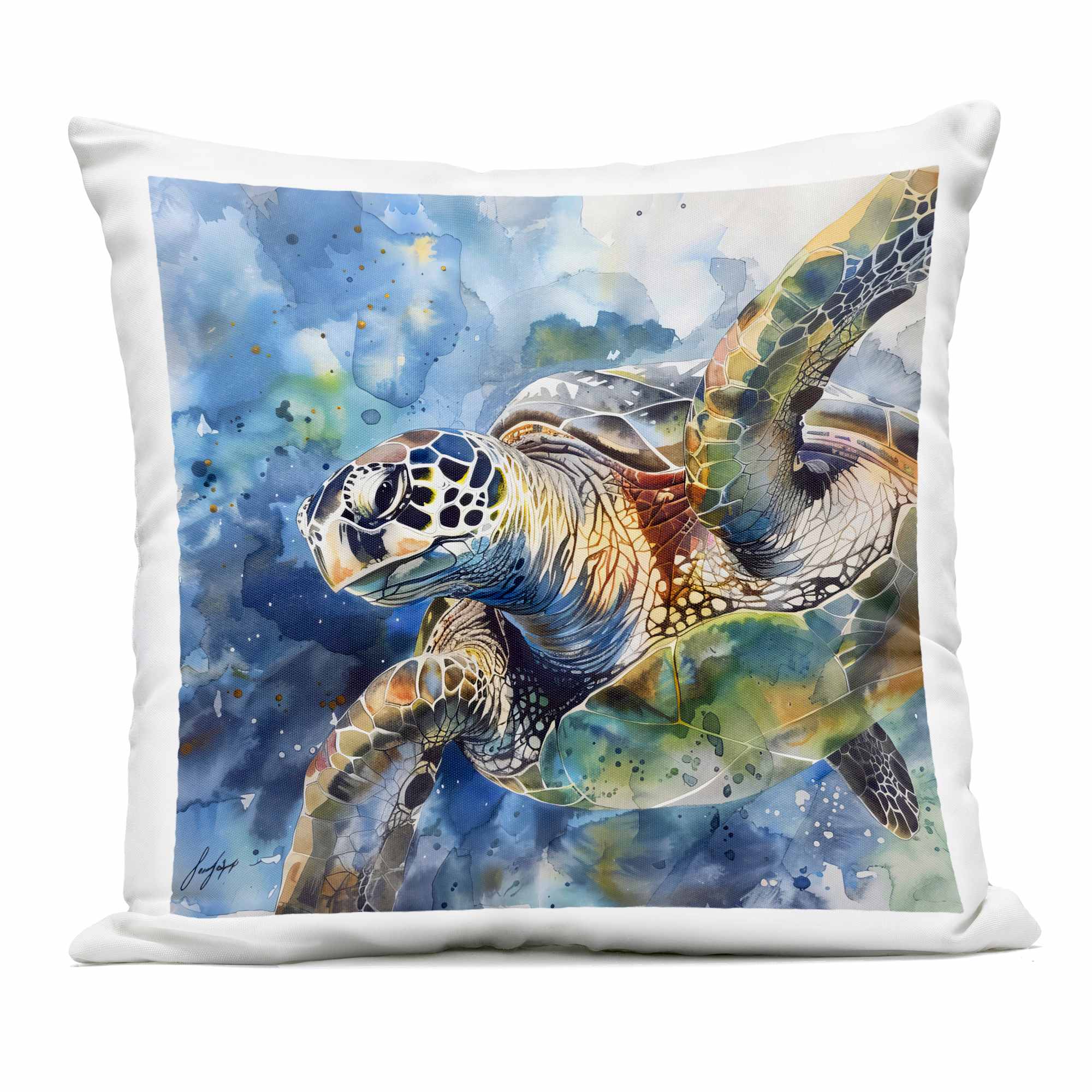 Stupell Industries PLQ-825-OSQ-18X18 Watercolor Splatter Sea Turtle Outdoor Printed Pillow design by Creative Studio 18 x 18