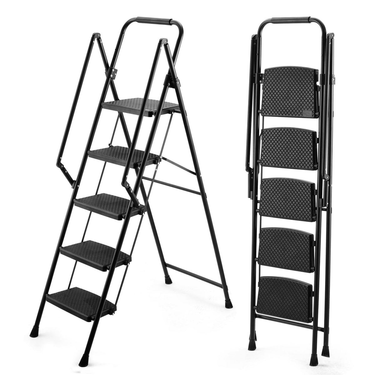 Loheer 63.9-in 5-Step Black Steel Folding Step Ladder with 330-lb Capacity Anti-Slip Wide Pedals and Safety Handle for Home Use