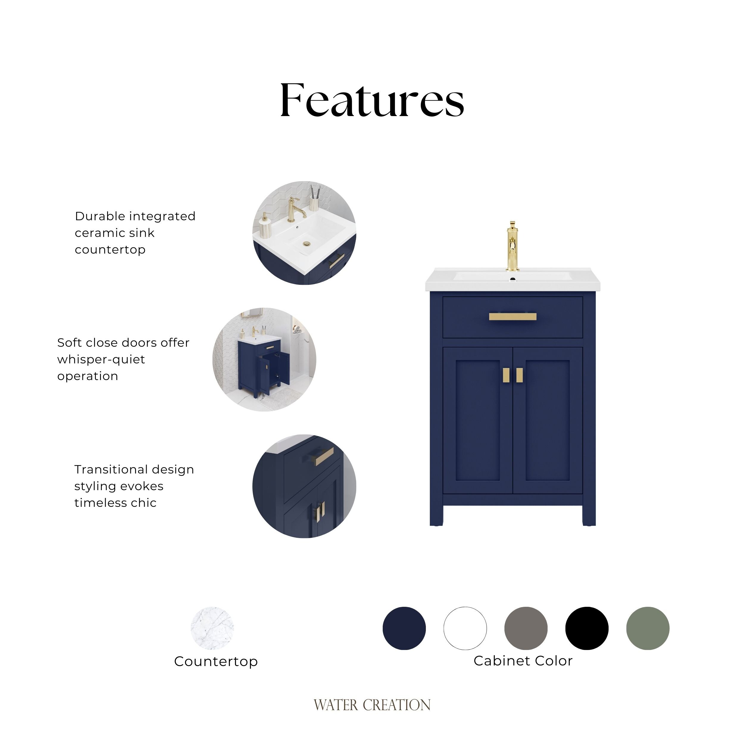 Ayna Decors Rooh 24 In Navy Blue Bathroom Vanity With White Quartz Countertop & Ceramic Sink, 2 Soft Closing Doors, 1 Full Extention Soft Close Drawer Brushed Nickel