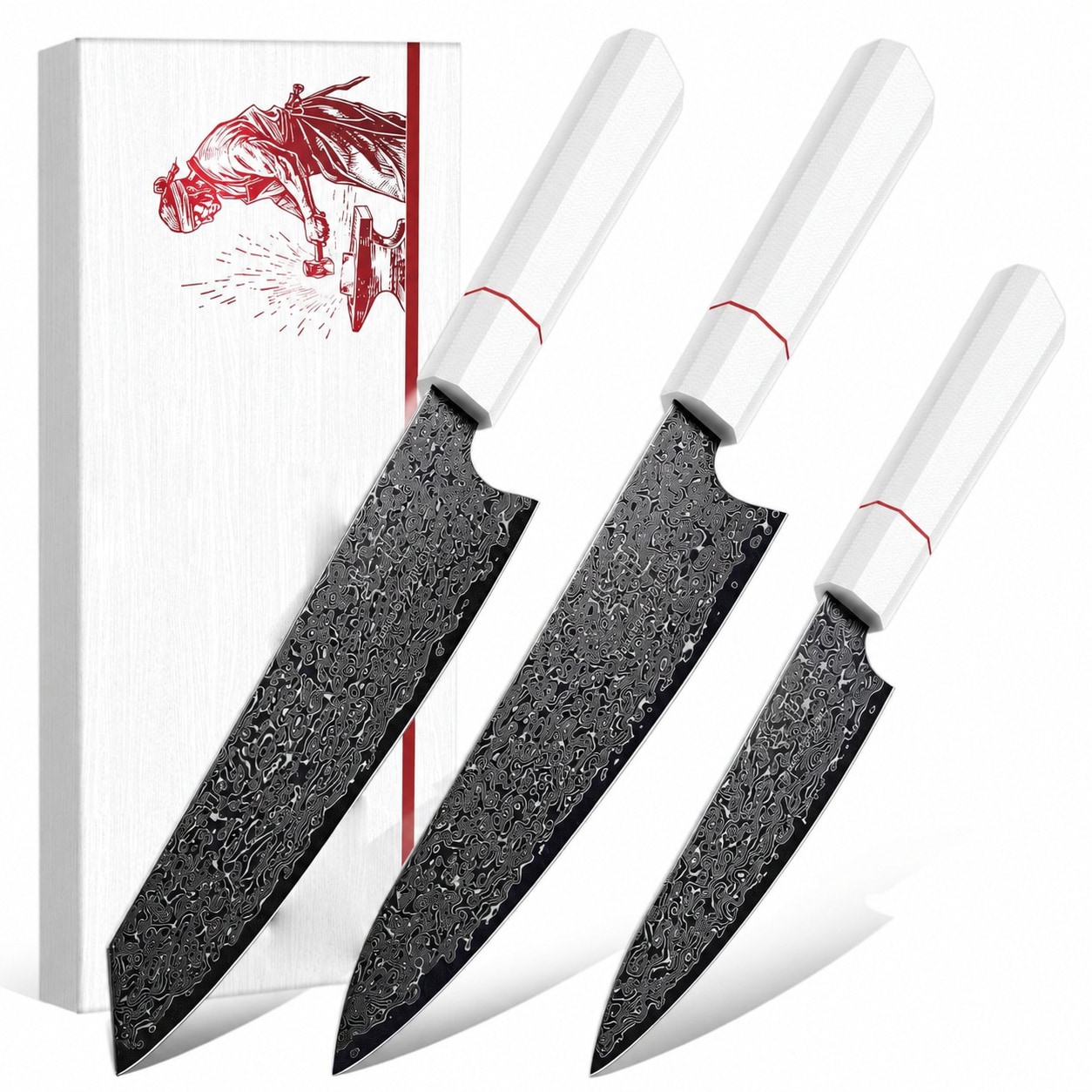 Misopily  Japanese Knife Set Damascus VG10 Kitchen Knife Set 3 PCS for Fruit Vegetables Fish and Meat Japanese G10 Handle Gifts for Men and Women