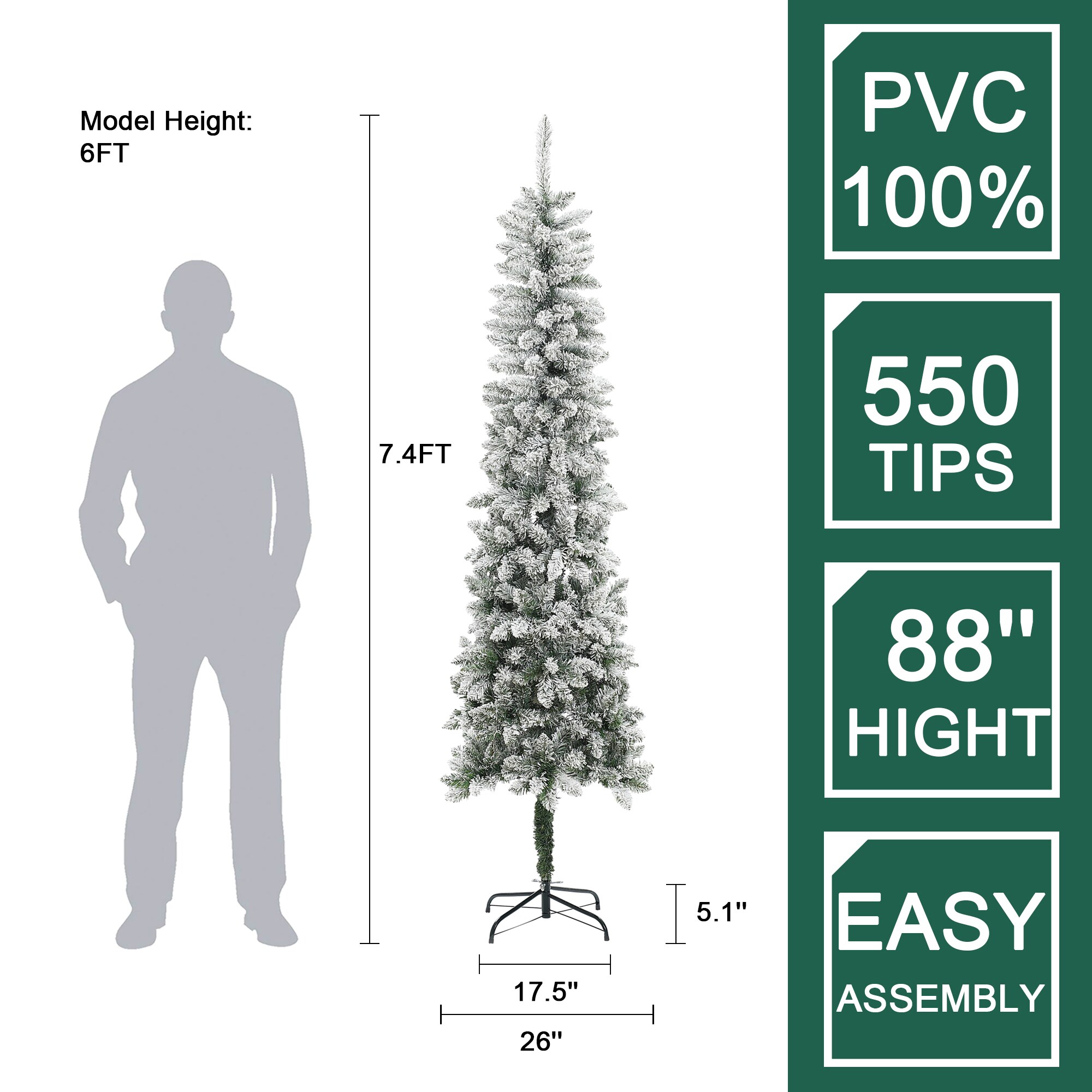 7.4ft Slim Flocked Green PVC Christmas Tree with Metal Stand