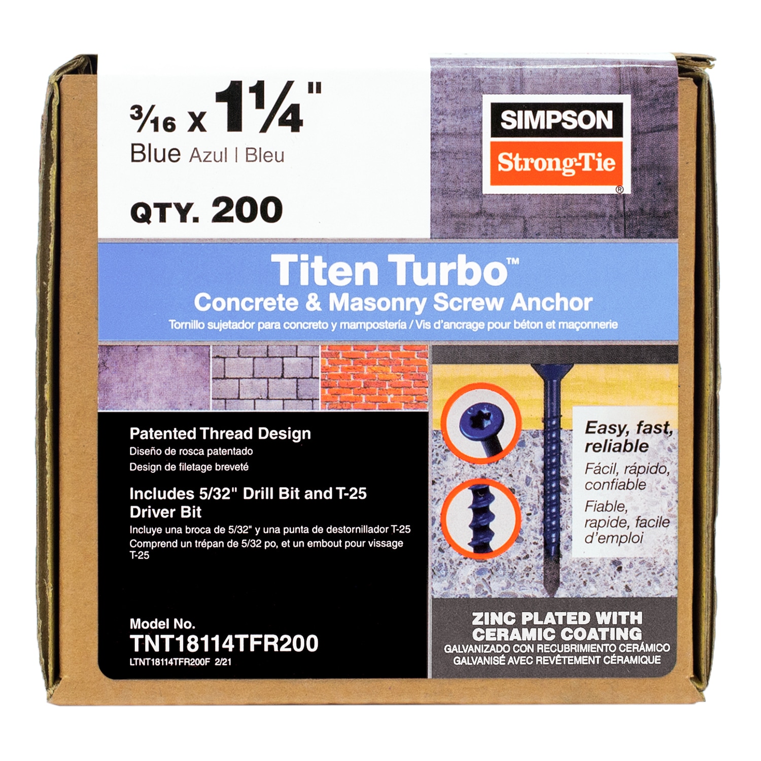 Simpson Strong-Tie TNT18114TFR200 3/16-in x 1-1/4-in Concrete Screw Anchors 200-Pack