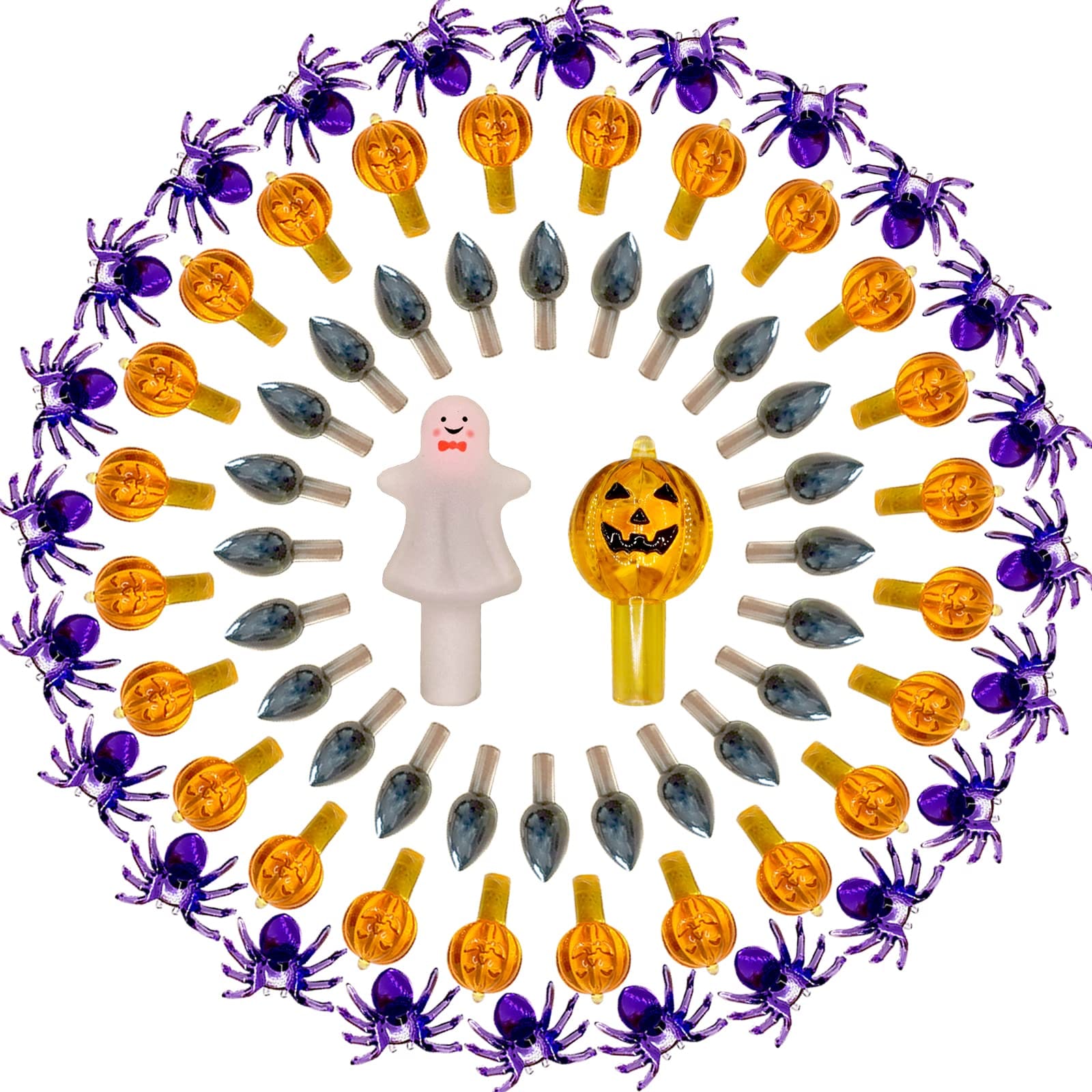 DYRCJ  117pcs Halloween Ceramic Tree Replacement Lights Bulbs Including Spider Pumpkin Head Grey Flame and 2pcs Themed Tree Tops Ghost Pumpkin