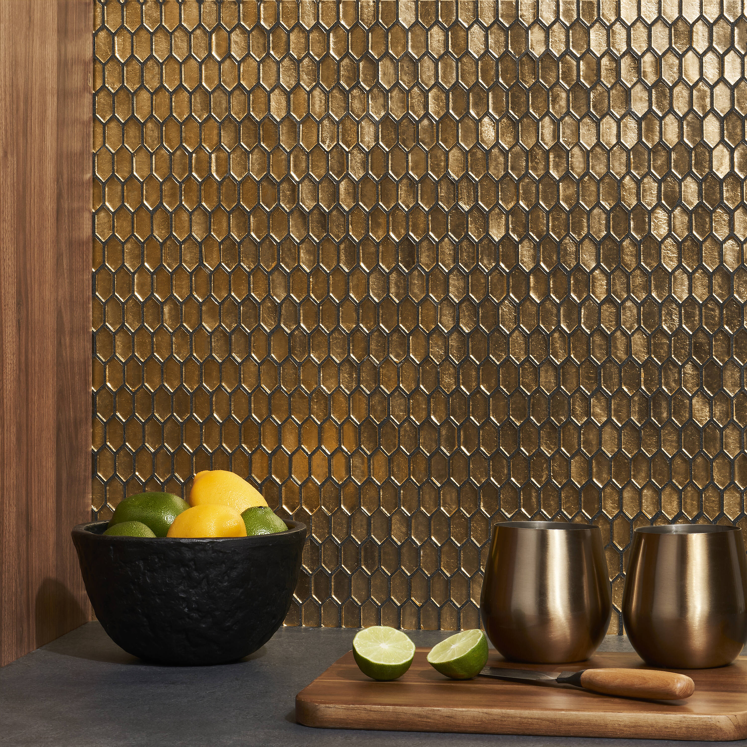 Flicker Gold Polished Glass Hexagonal Mosaic Wall Tile