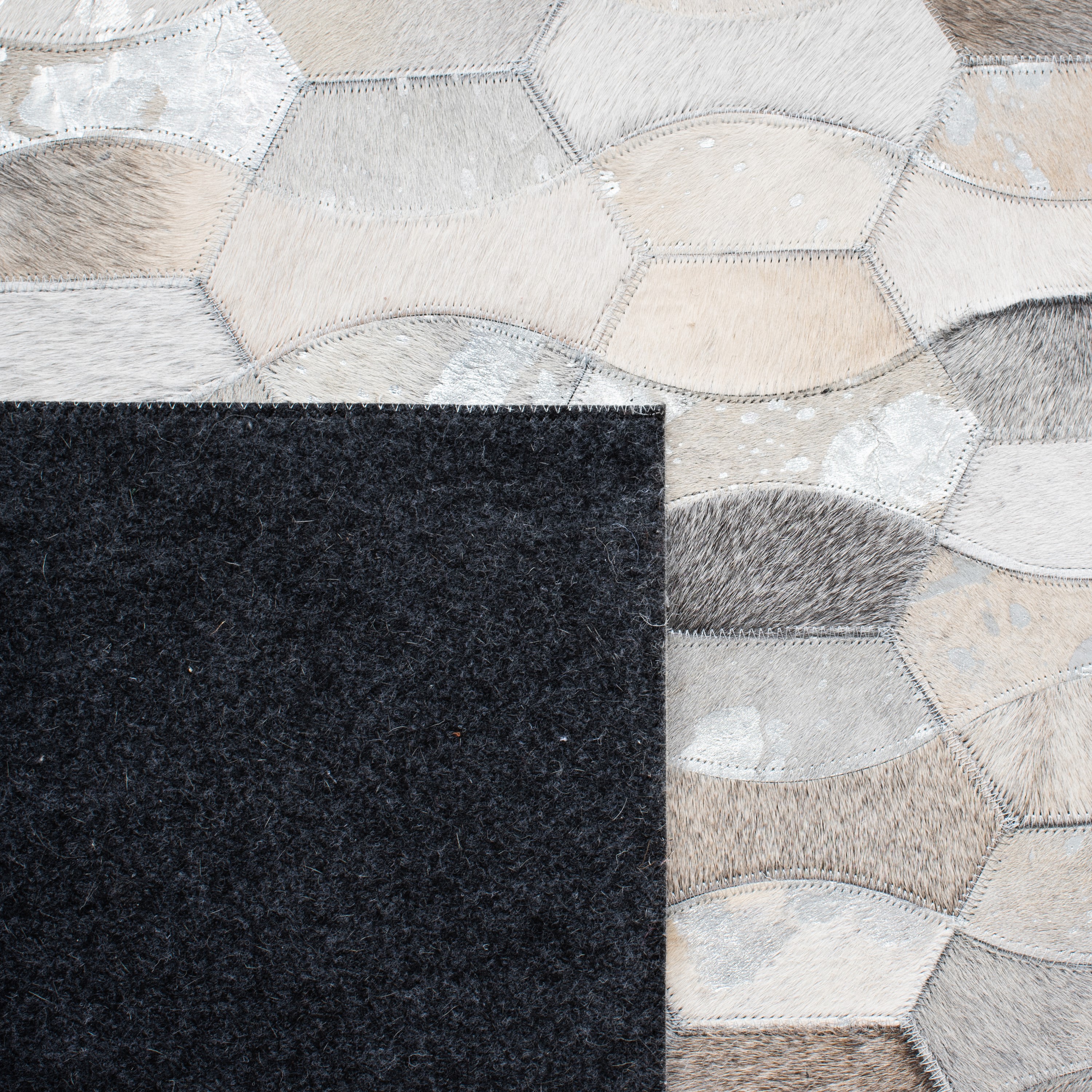 Ivory and Gray Geometric Handmade Cowhide Rug, 8' x 10'