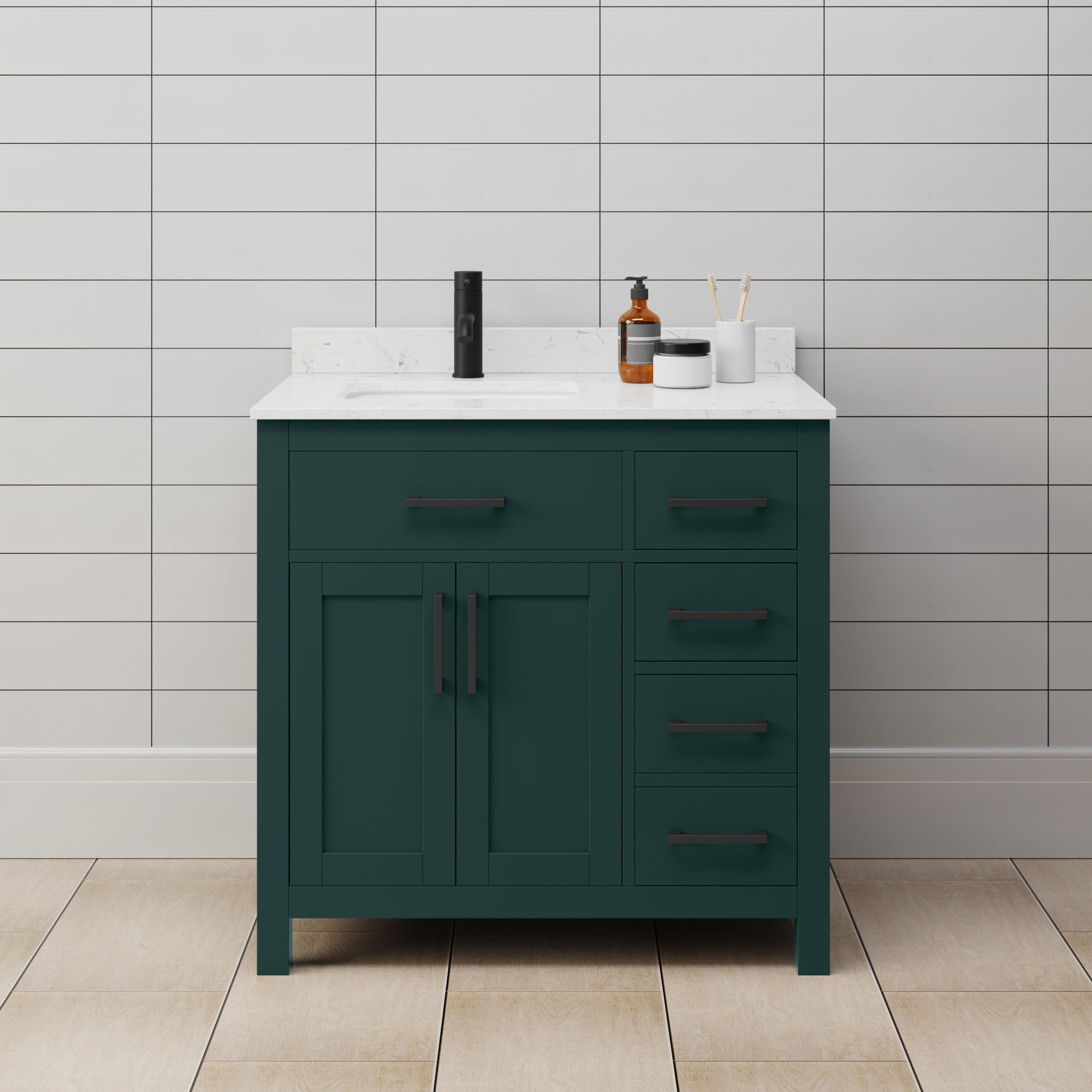 Wyndham Collection WCG242436SGKCCUNSMXX Beckett 36-in Green with Matte Black Trim Undermount Single sink Bathroom Vanity with Carrara Cultured Marble Cultured marble Top