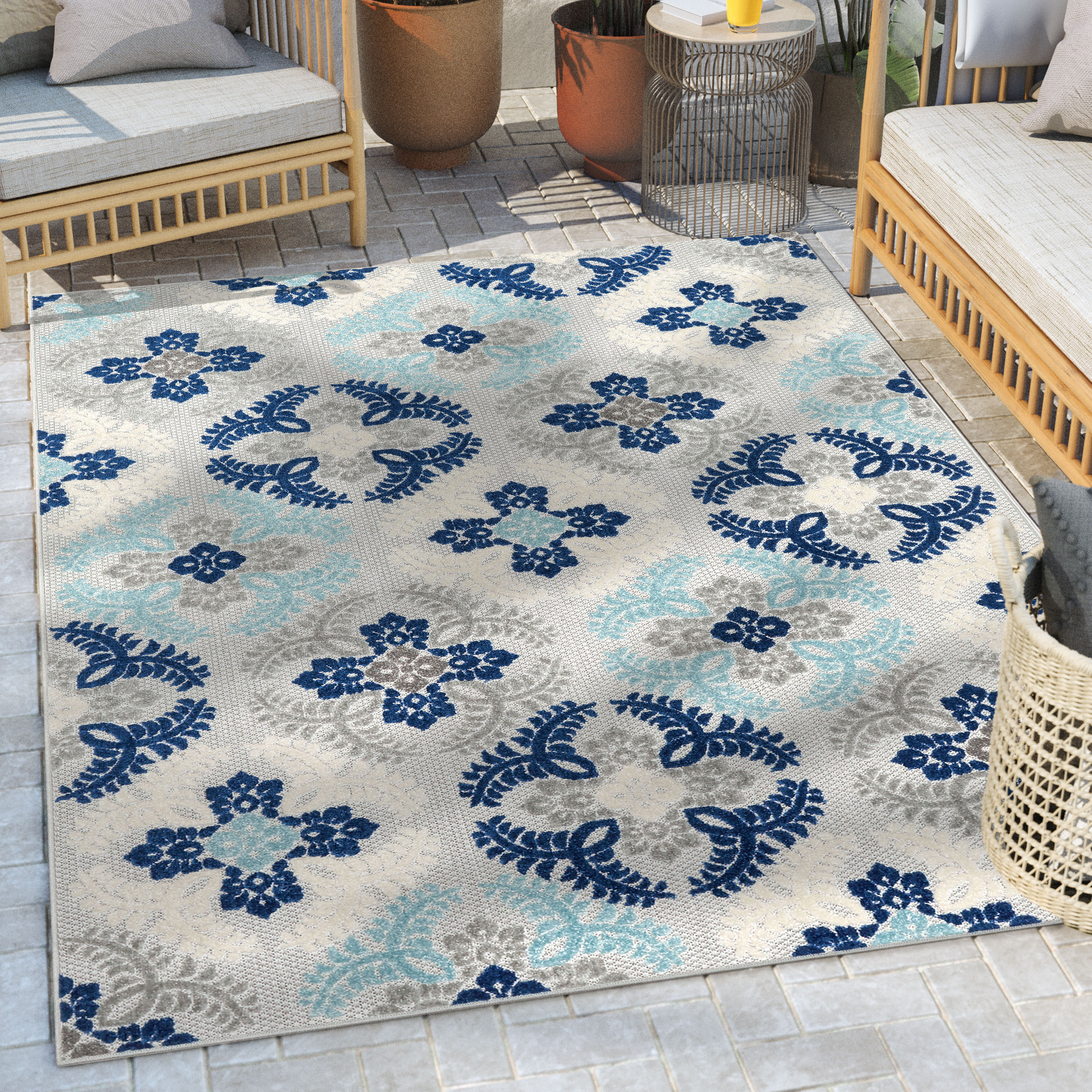 the Blue 5 Modern Mid-century x in Rugs Well department Rug Indoor/Outdoor at Area Frieze Woven 7 Geometric