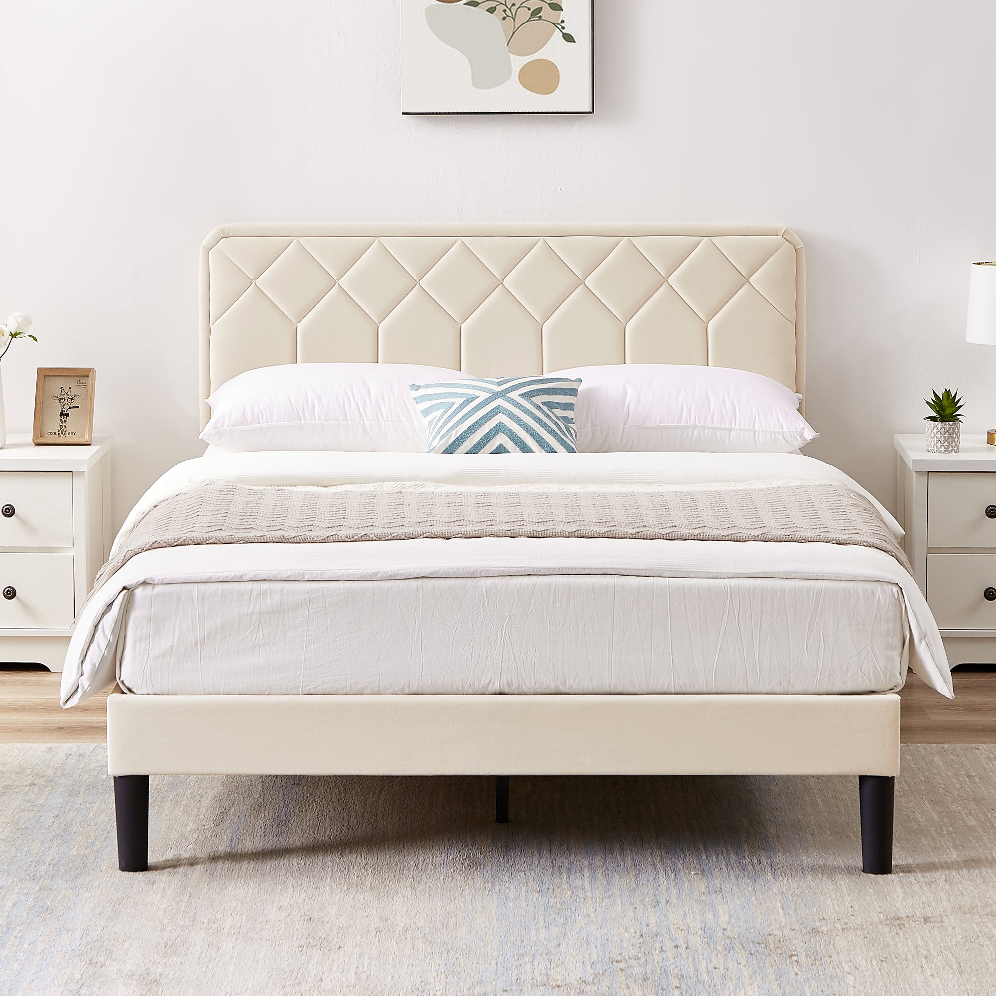 Vecelo LOE-CY-QB02-BGE Queen Size Bed Frame Velvet Upholstered Platform with Adjustable Headboard Easy Assembly Beige
