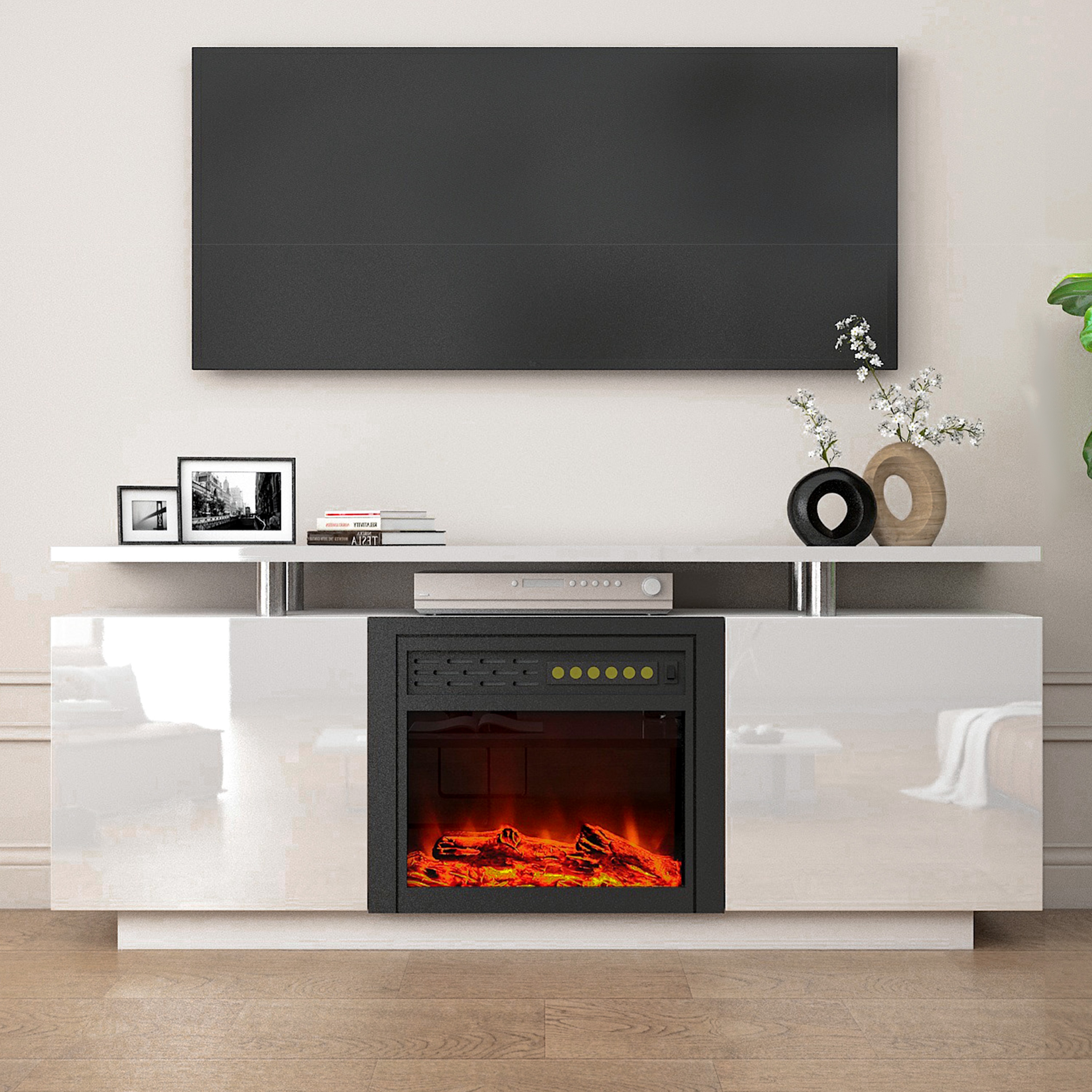 ToolCat MGG3-52-CEMFP 63-Inches W White TV Stand with Fan-forced Flat wall Electric Fireplace with Remote Control Included