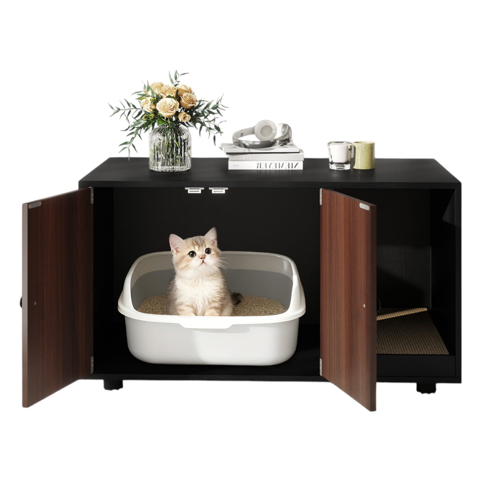 Slickblue Cat Litter Box Enclosure Cabinet Furniture Hidden Cat House with Double Doors and Scratching Board Side Table Storage Modern Cat Washroom MDF in Multiple Color Options