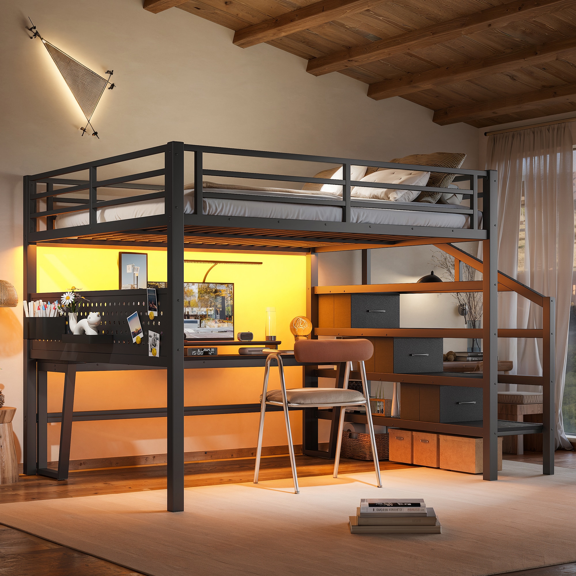 LOVMOR Metal Loft Bed with Storage Stairs and Built-In Features for Kids and Teens
