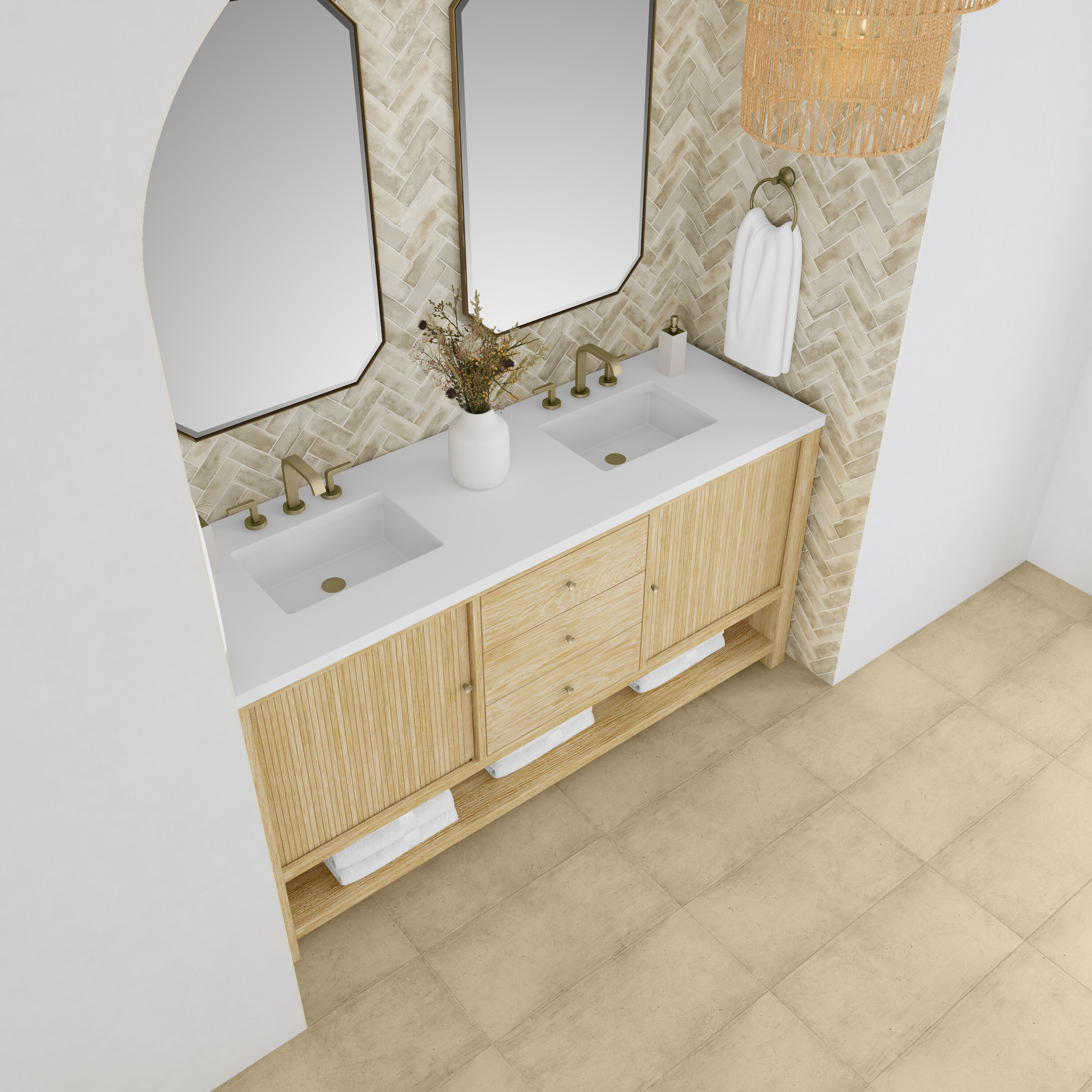 Sunwashed Oak 72" Double Freestanding Vanity with White Quartz Top