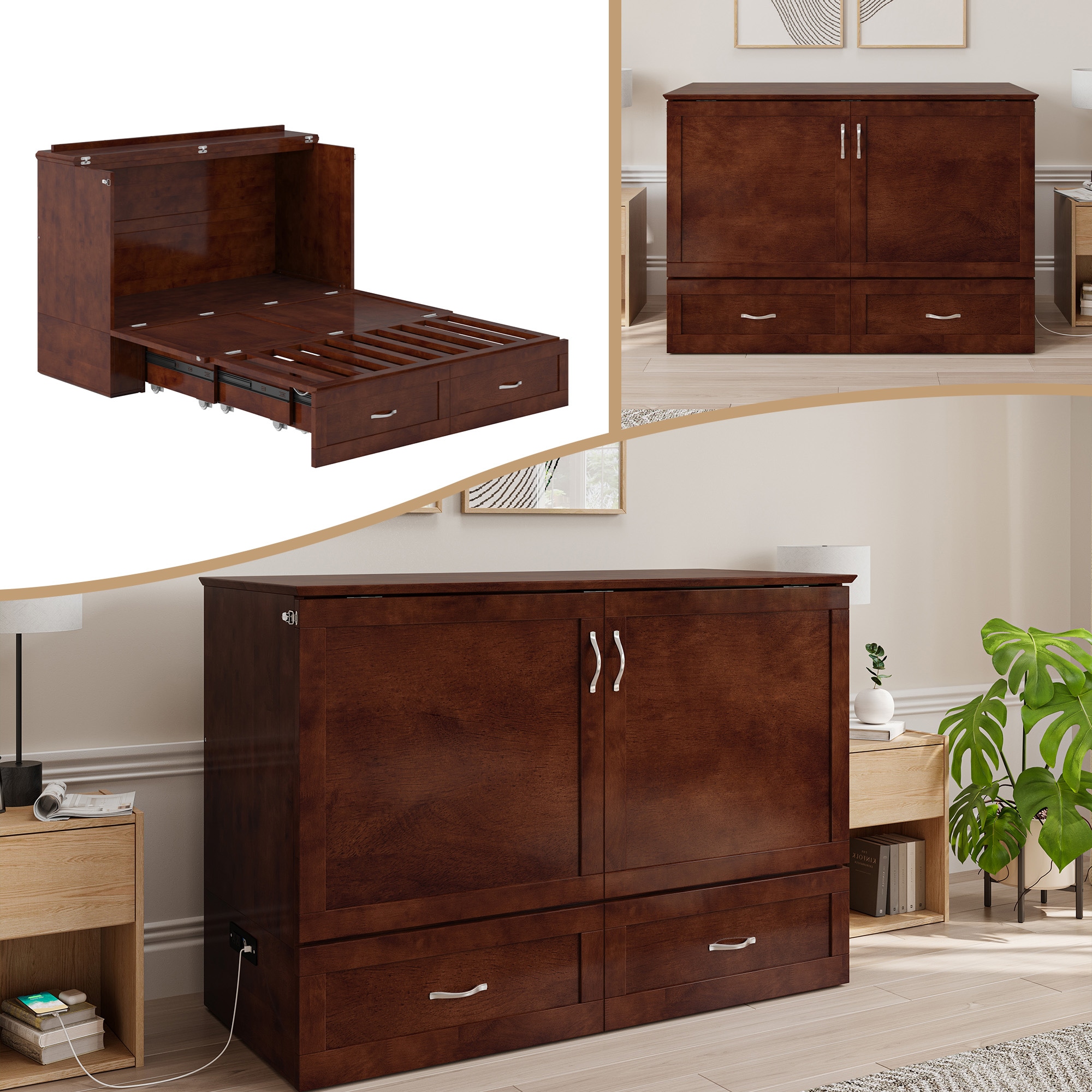 AFI AC623104 Alara No Mattress Walnut Full Wood Murphy Bed with Storage