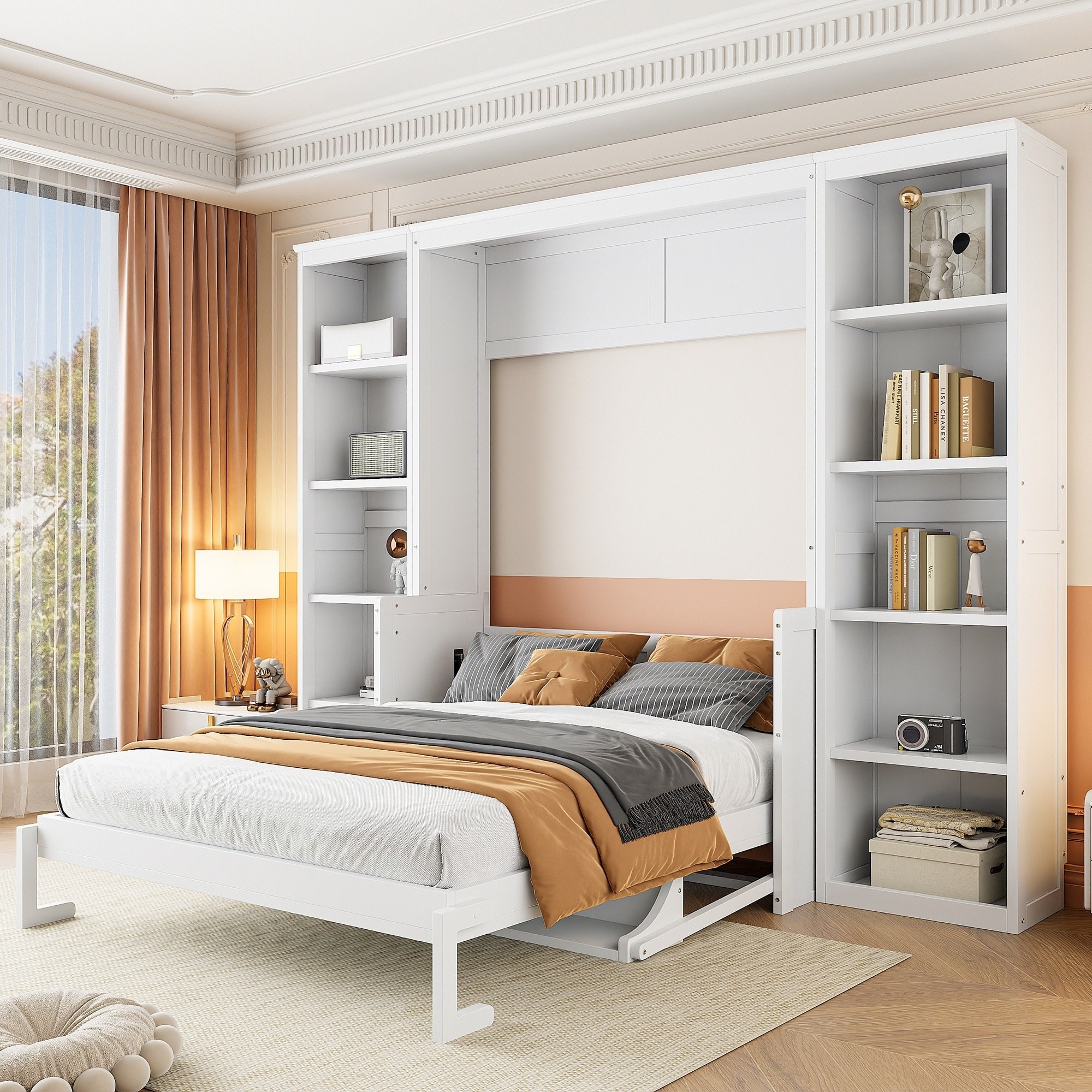 UOI Full Size White Solid Wood and MDF Murphy Bed with Desk and Bookshelf with Space Saving Design