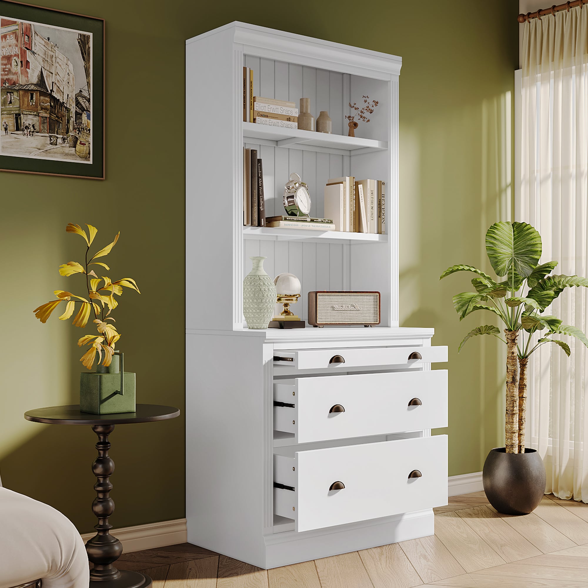 LOVMOR SF-Y-SR000001AAK 83.4inTall Bookshelf with LED Lighting Modern Bookcase with 3 Drawer and Open ShelvesStorage Bookshelf for Living RoomHome OfficeWhite