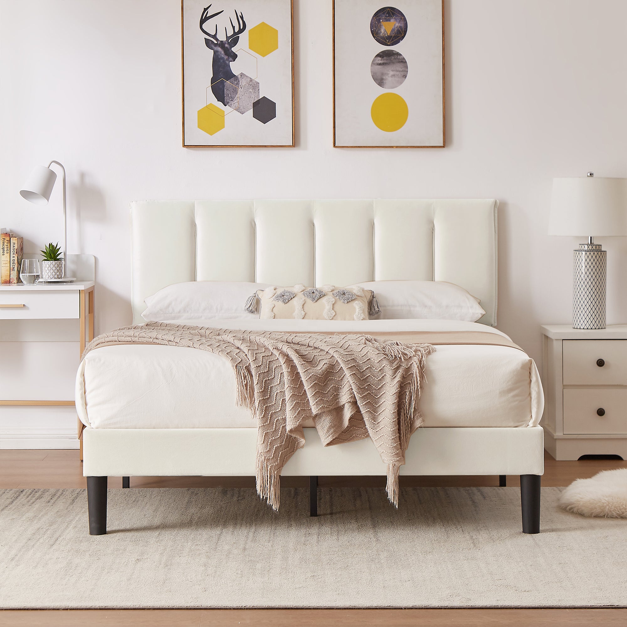 Vecelo LOE-CY-FB04-BGE Full Bed Frame with Upholstered Adjustable Headboard Heavy Duty Platform Bed Frame with Strong Wooden Slats Support Beige