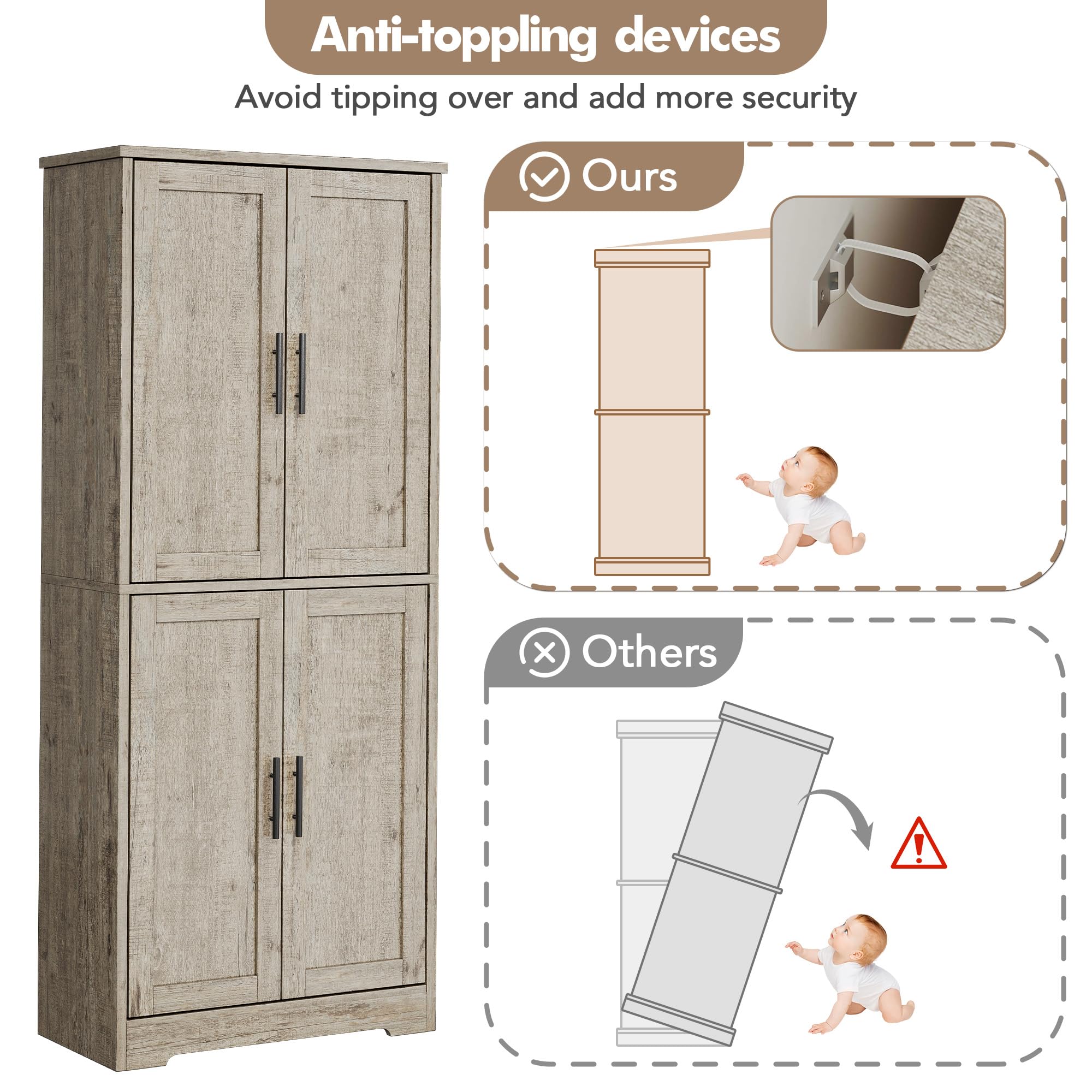Garvee Pantry Cabinet 70in Tall Kitchen Pantry Cabinet with 4 Doors and ...