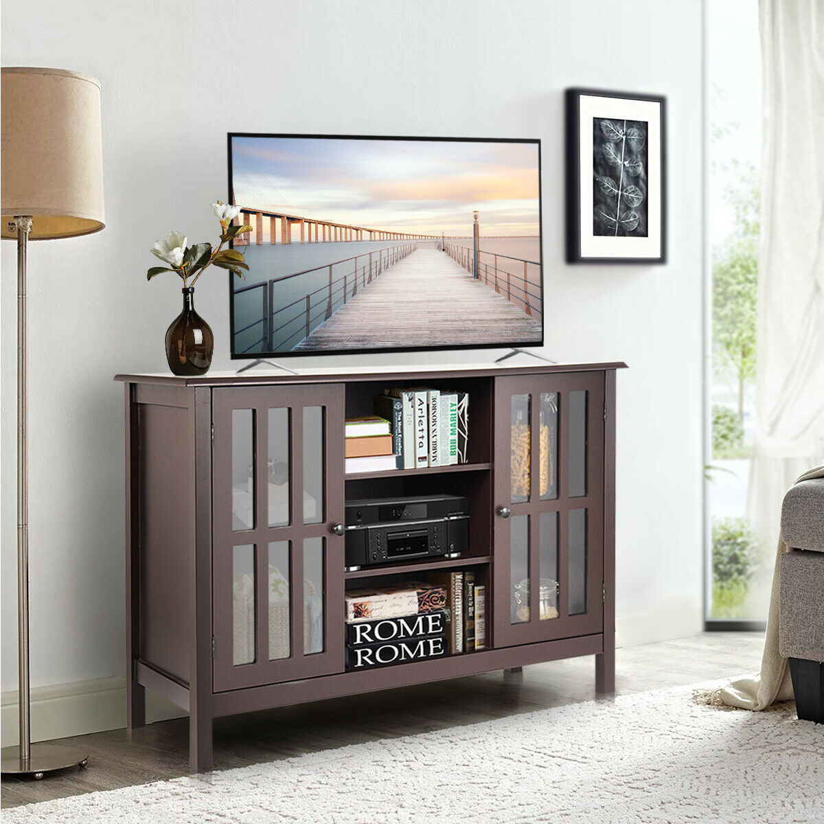 Elegant Tall Brown TV Console with Cabinet Storage and Shelves
