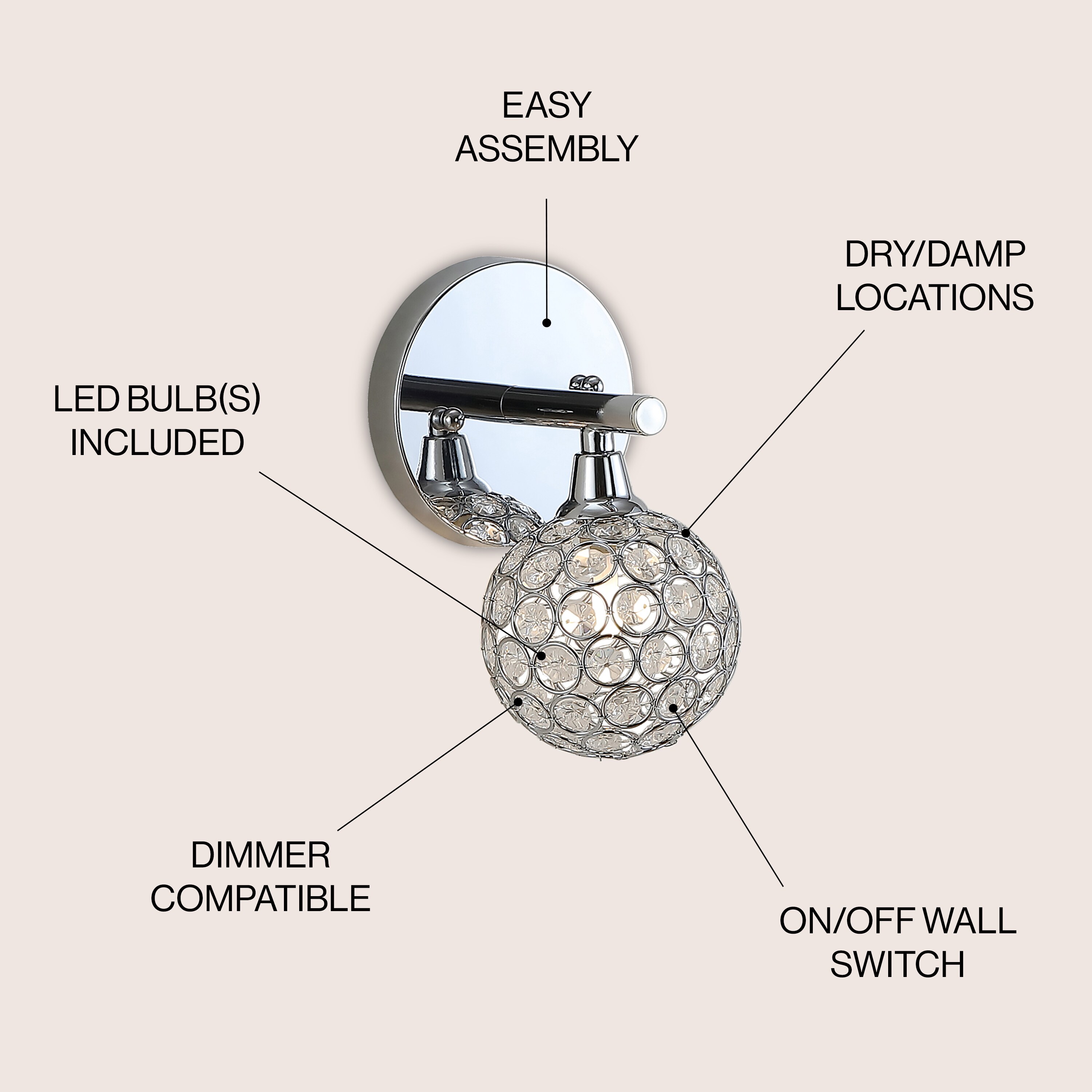 Maeve 4.75" Chrome Polished Globe Vanity Light with Crystal Prisms