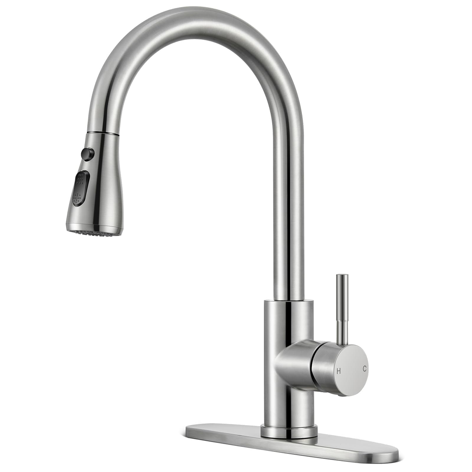 Anqtovp  High Arc Single Handle Kitchen Faucet Pull Down Sprayer Brushed Nickel Stainless Steel Three Spray Modes 360 Swivel for Farmhouse Camper