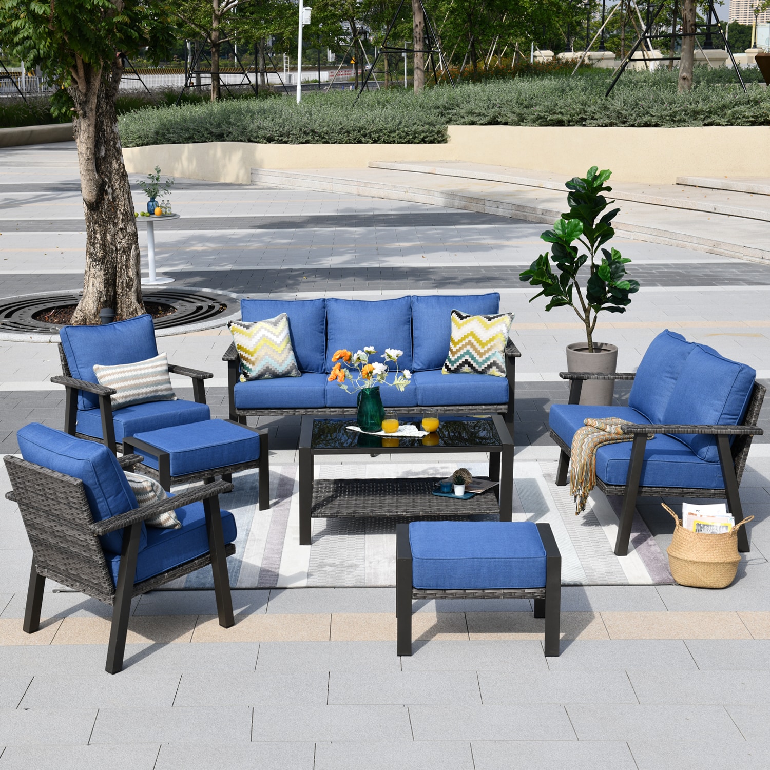 Pouuin SHW50T07 7 -Piece Rattan Patio Sofa Conversation Set with Blue Cushions