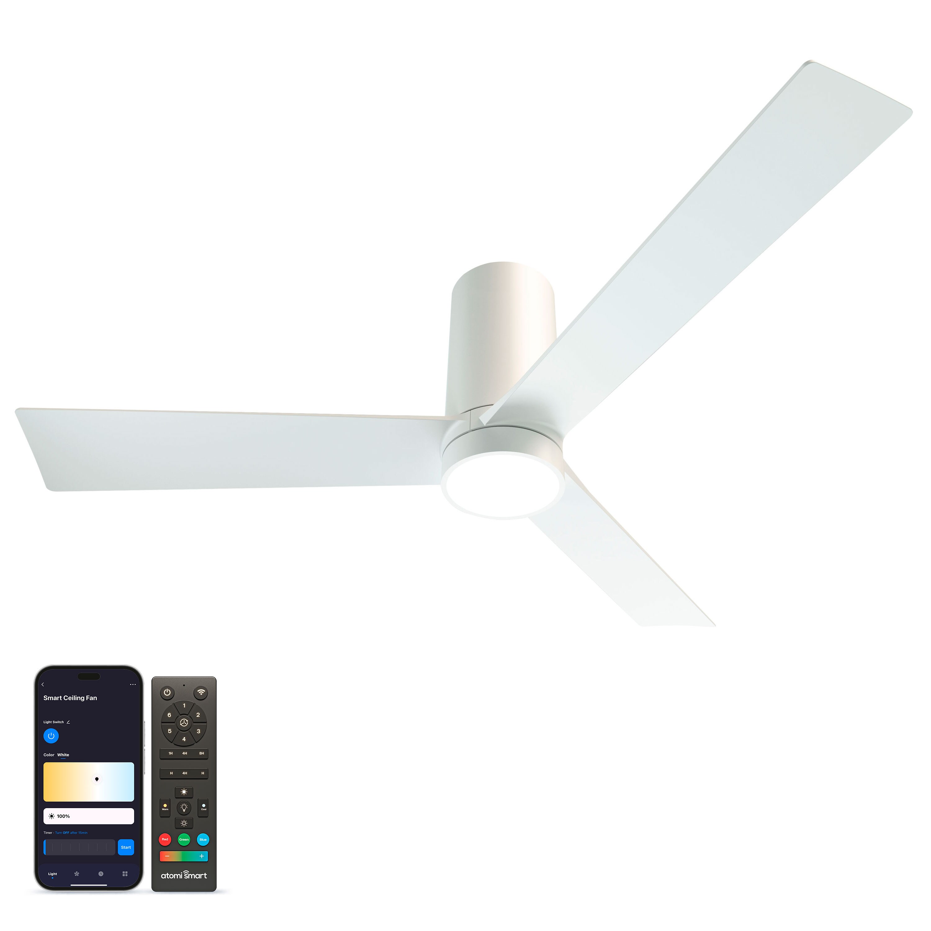 atomi smart AT2480-WH Nouvo 52-in Color-Changing Integrated LED Smart Pearl White with Pearl White Blades Ceiling Fan With Light - Remote Included ( 3 -Blade )
