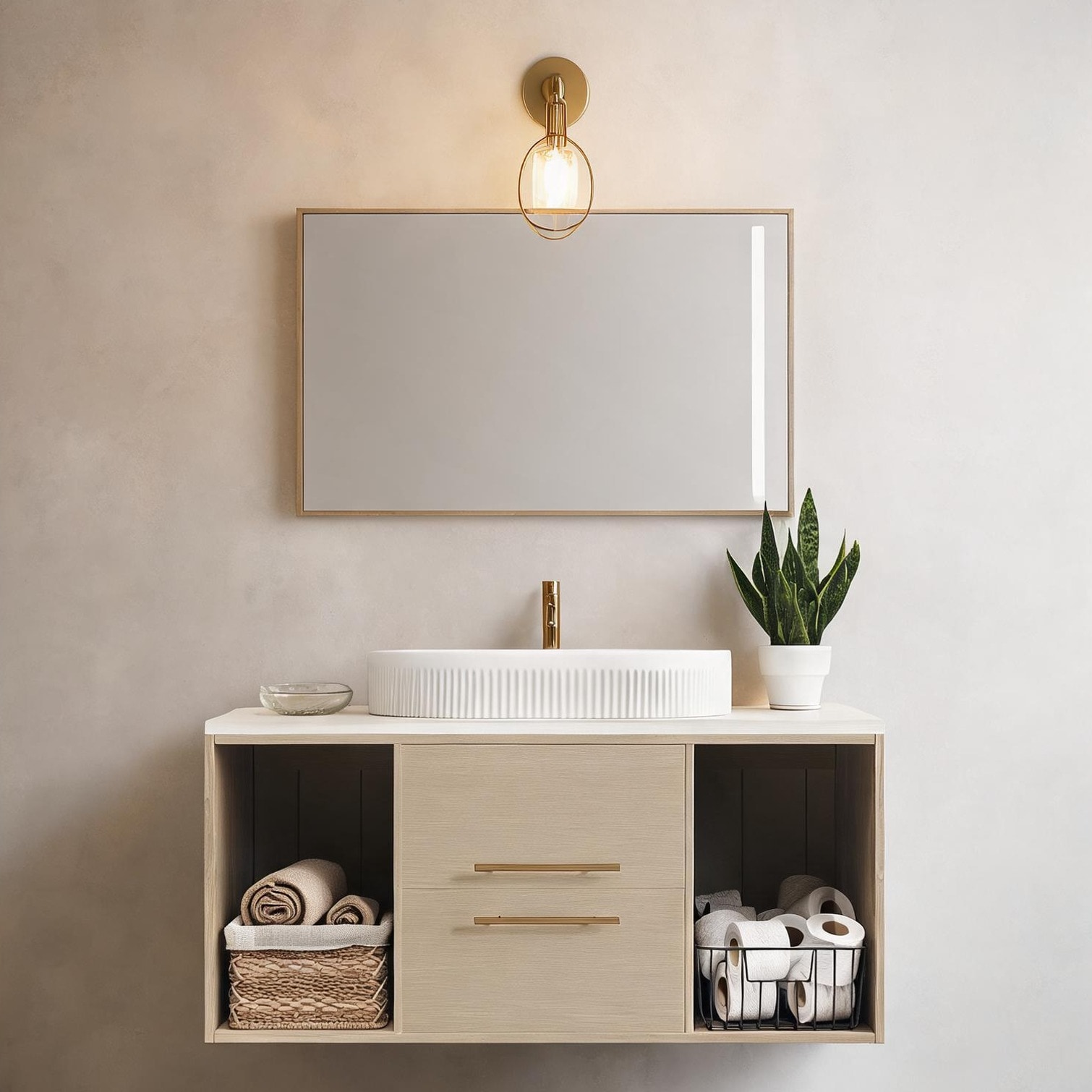 Naturefalls White-Toned Wall-Mounted Bathroom Vanity with Oval Ceramic Sink Modern Floating 39.3-Inch