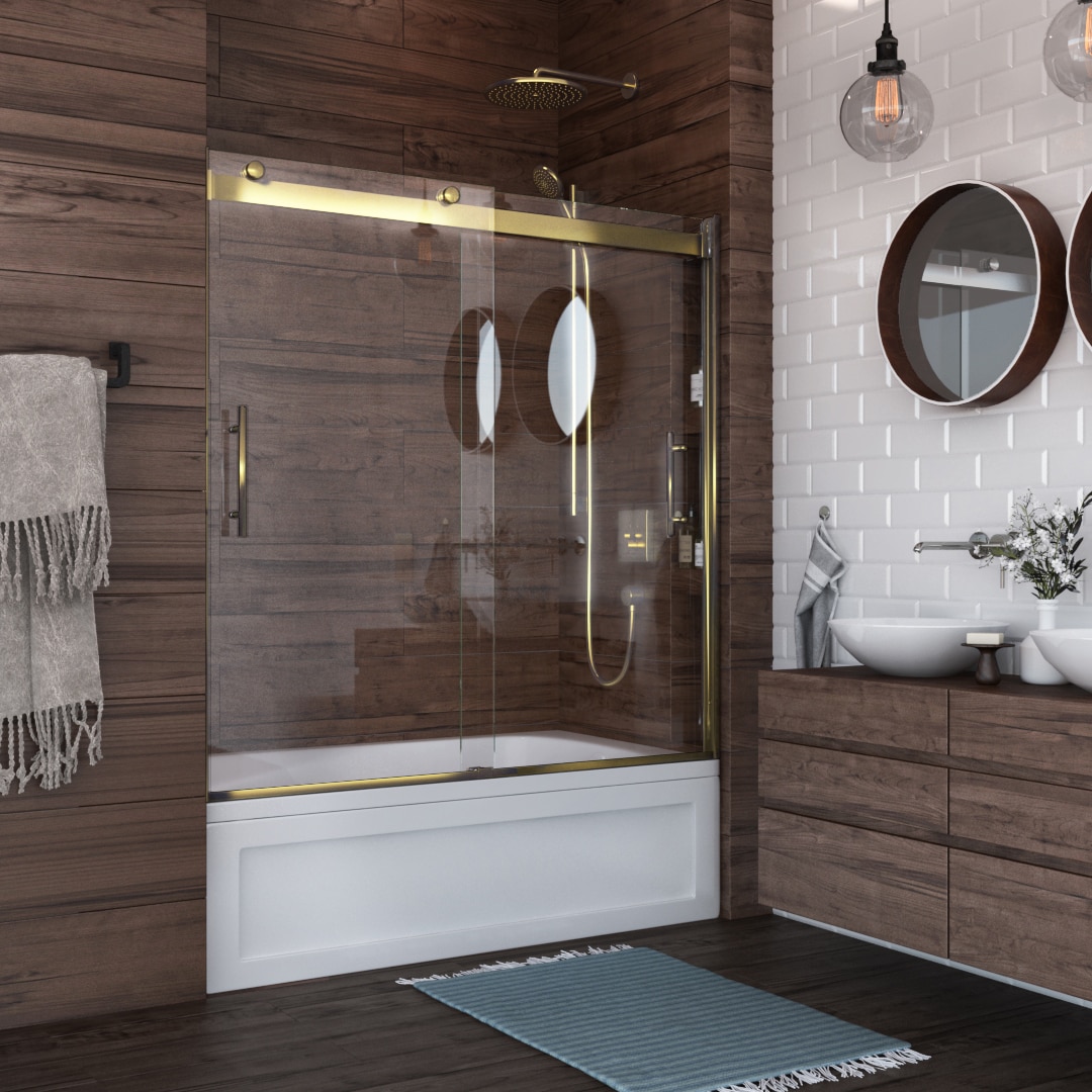 Holcam L2BTEBGDCLR6060EC2 Luna Lite Brushed Gold 56-in to 60-in W x 60.5-Inches H Frameless Bypass Sliding Bathtub door