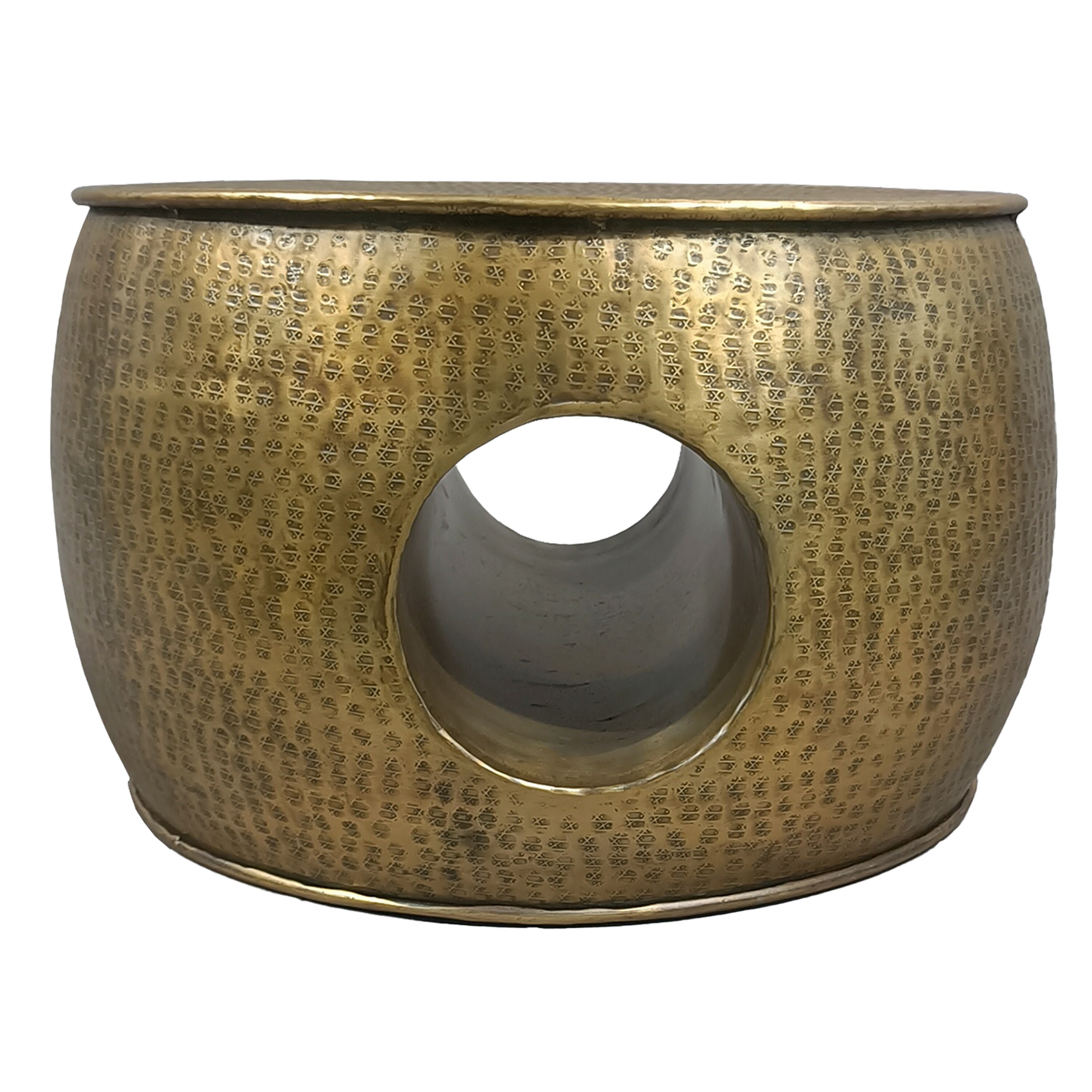 Antique Brass Round Metal Lift-Top Coffee Table with Hollow Center