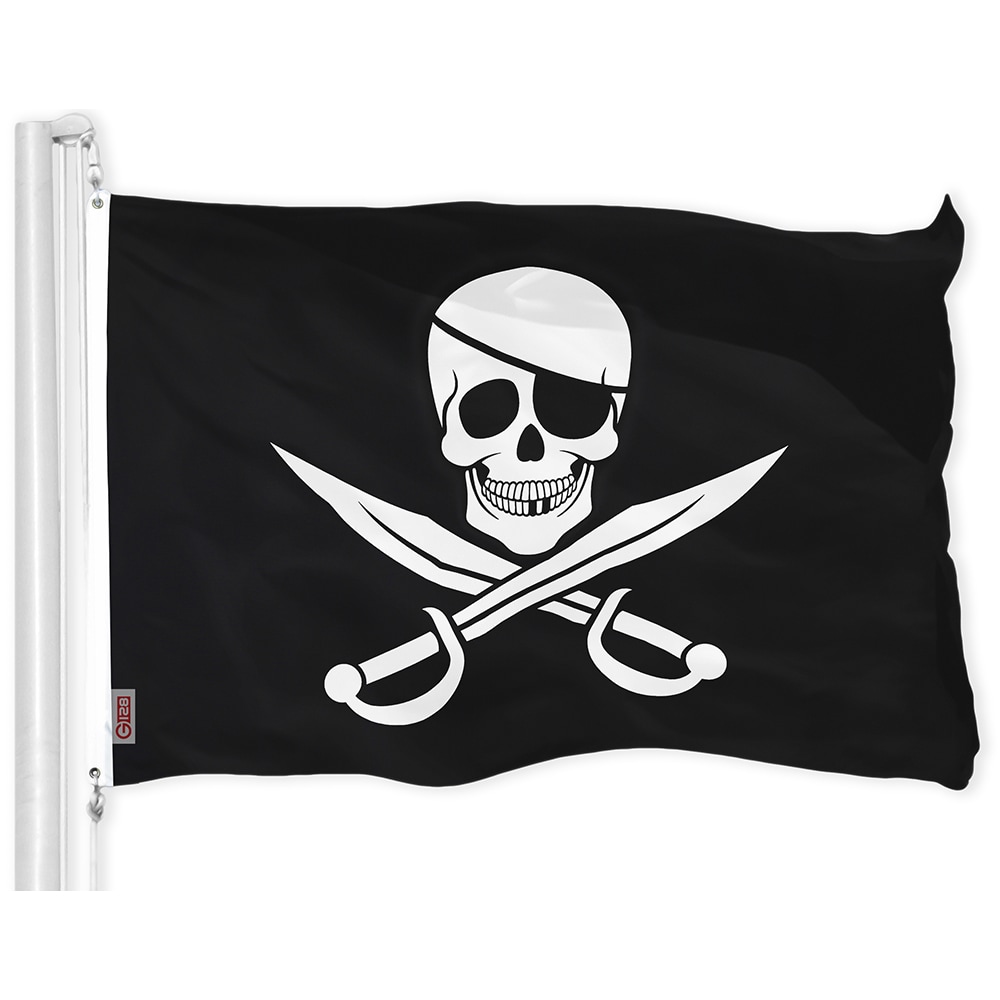 G128 FG-21PS-4P2 5-ft W x 3-ft H Pirate Jolly Roger Swords Black Printed Flag