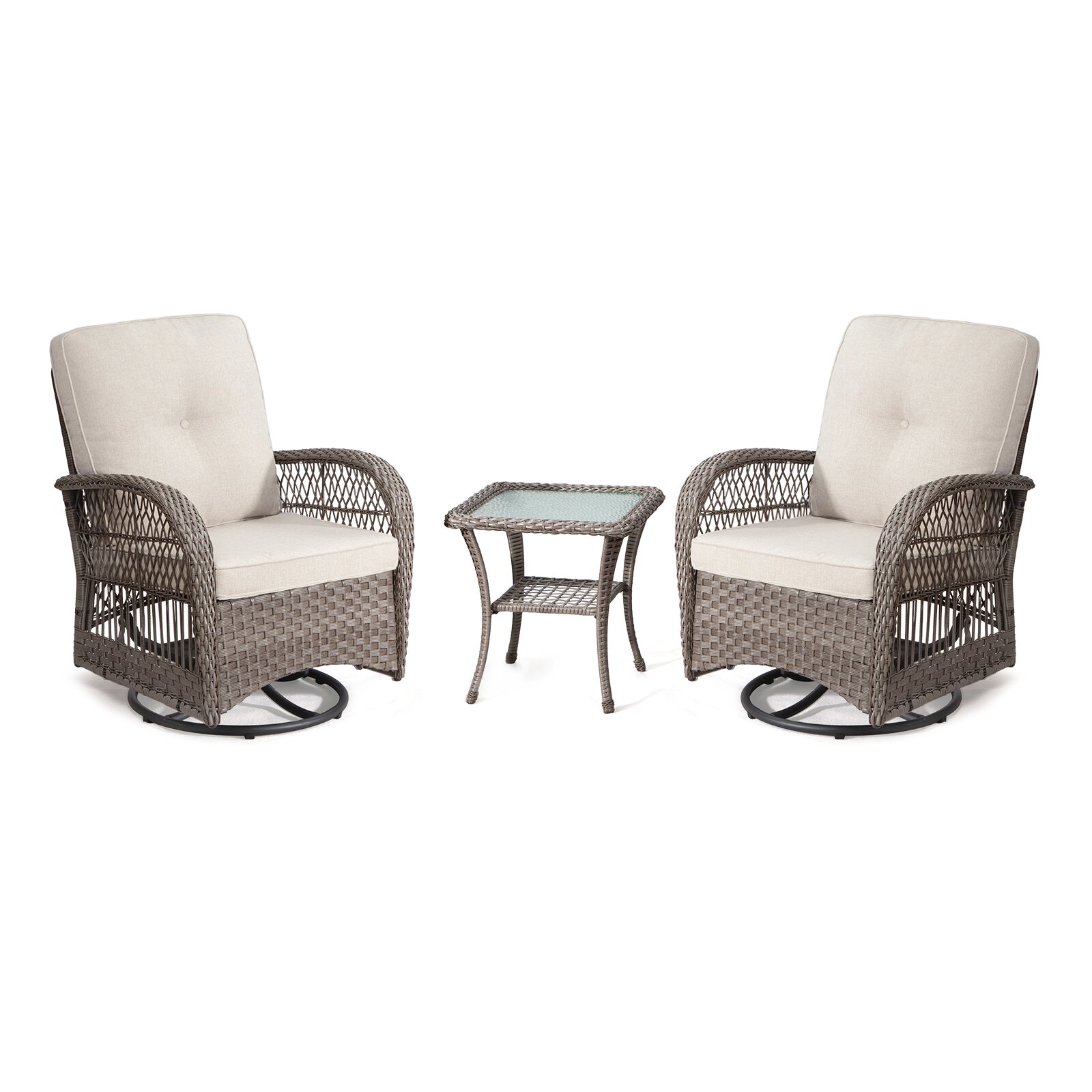 CESICIA SZ-LS-F18 Patio Chairs Set of 2 Wicker Beige Steel Frame Stationary Conversation Chair with Off-white Cushioned Seat