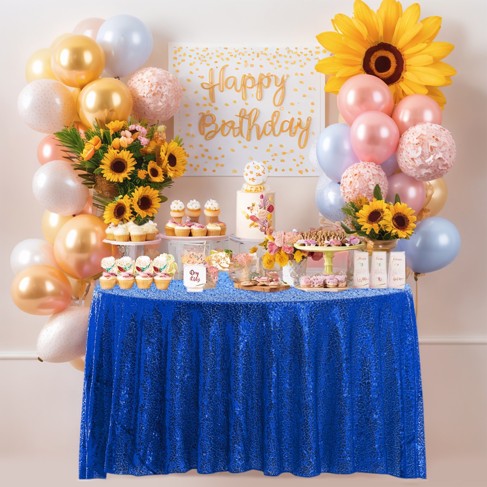 Unique Bargains 1pc Round Tablecloth Polyester Sequin Table Cloth Table Cover for Dining Room Party Decorations Birthday Decor Tablecloths 71x71inch Blue