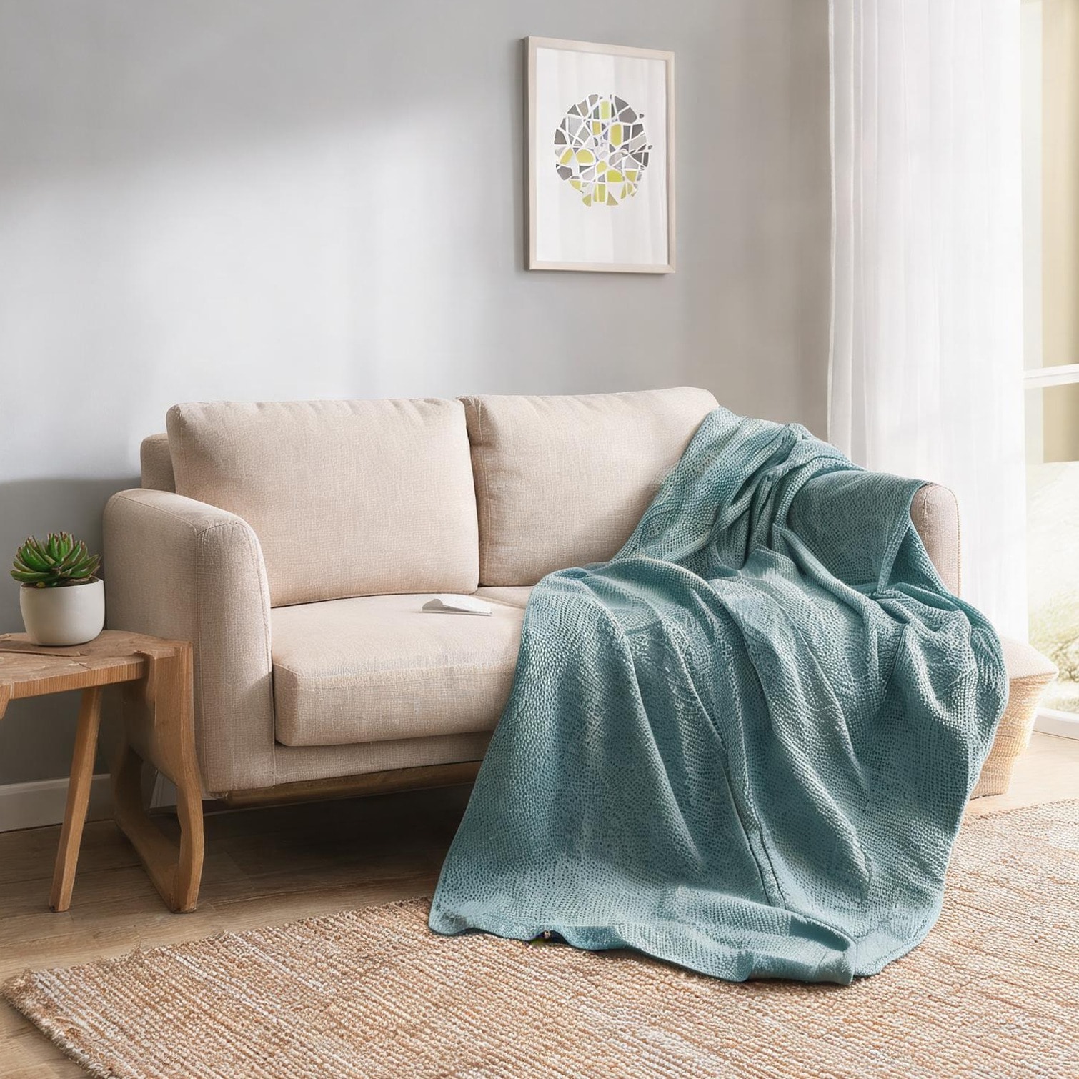 SunJet Breathable Cotton Weave Throw Blanket in Teal with Machine-Washable Convenience
