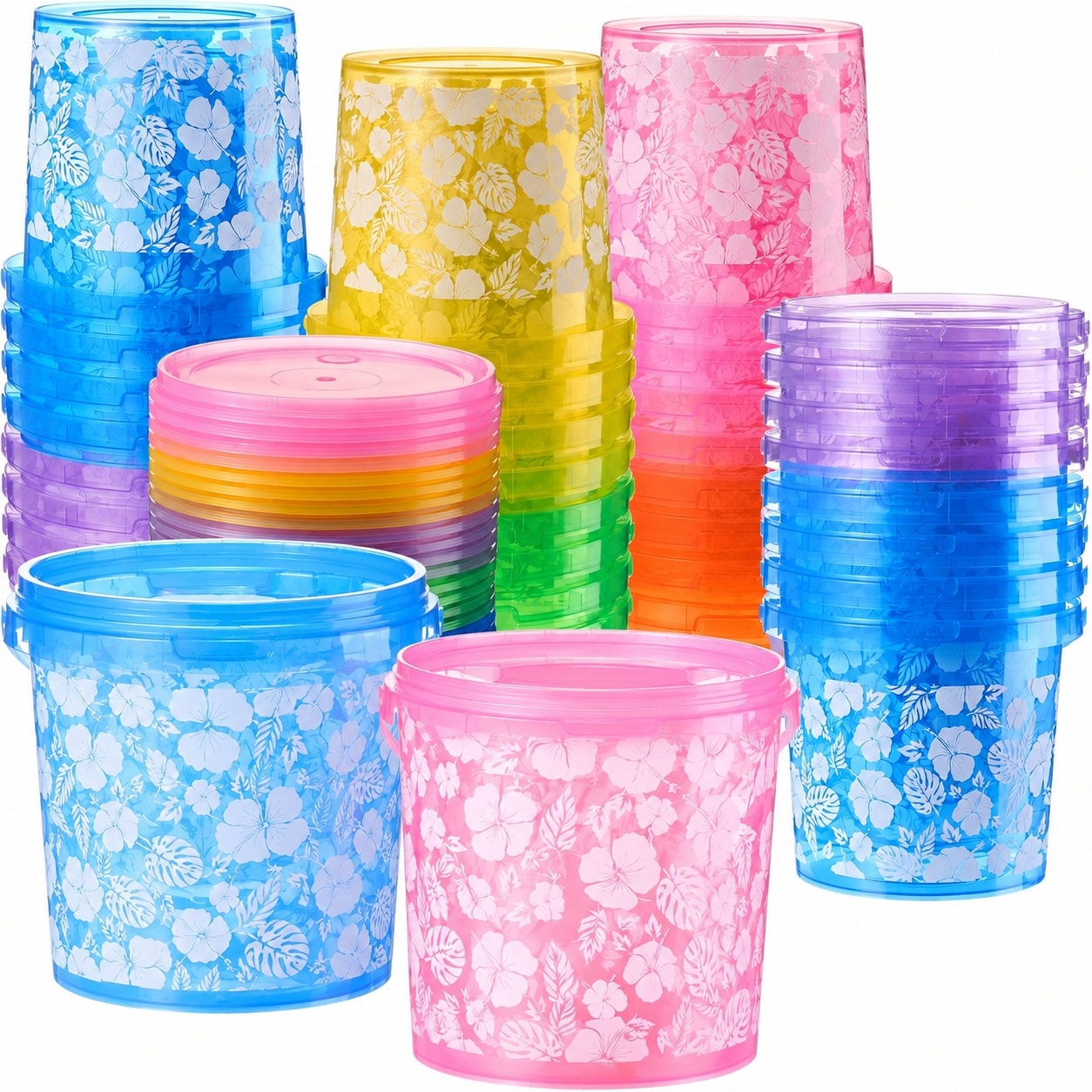 Aoibox  32 oz Plastic Drink Buckets with Lids and Umbrella Straws Hawaiian Luau Party Cups Set of 24 Assorted