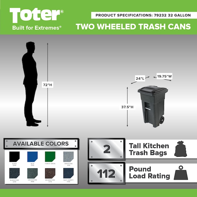 Toter Plastic Wheeled Trash Can with Lid - Black - 32 Gal