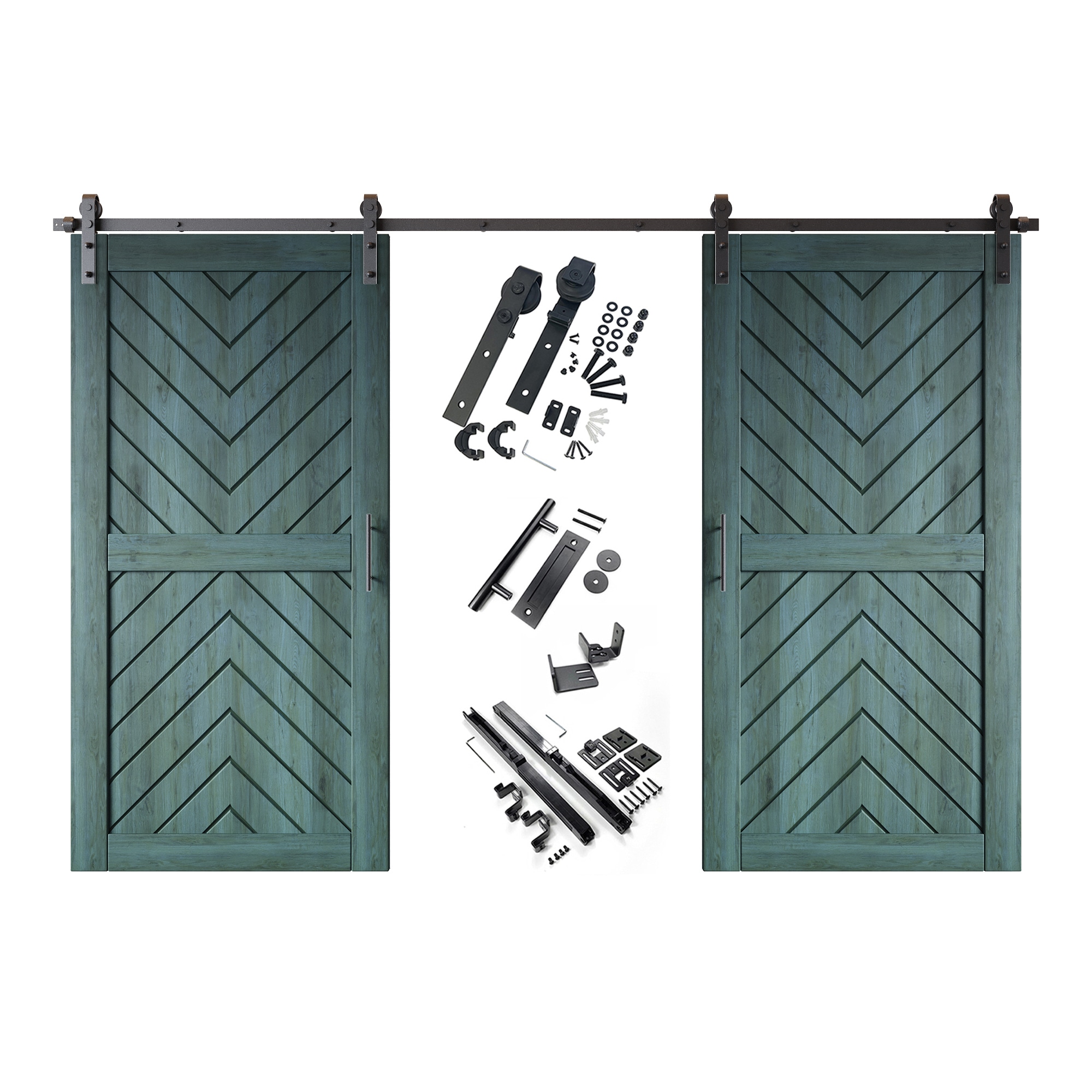 HOMACER YT2H132C-JT4-3280-RP 32-in x 80-in Royal Pine Herringbone Pine Wood Solid core Double Barn Door (Hardware Included)
