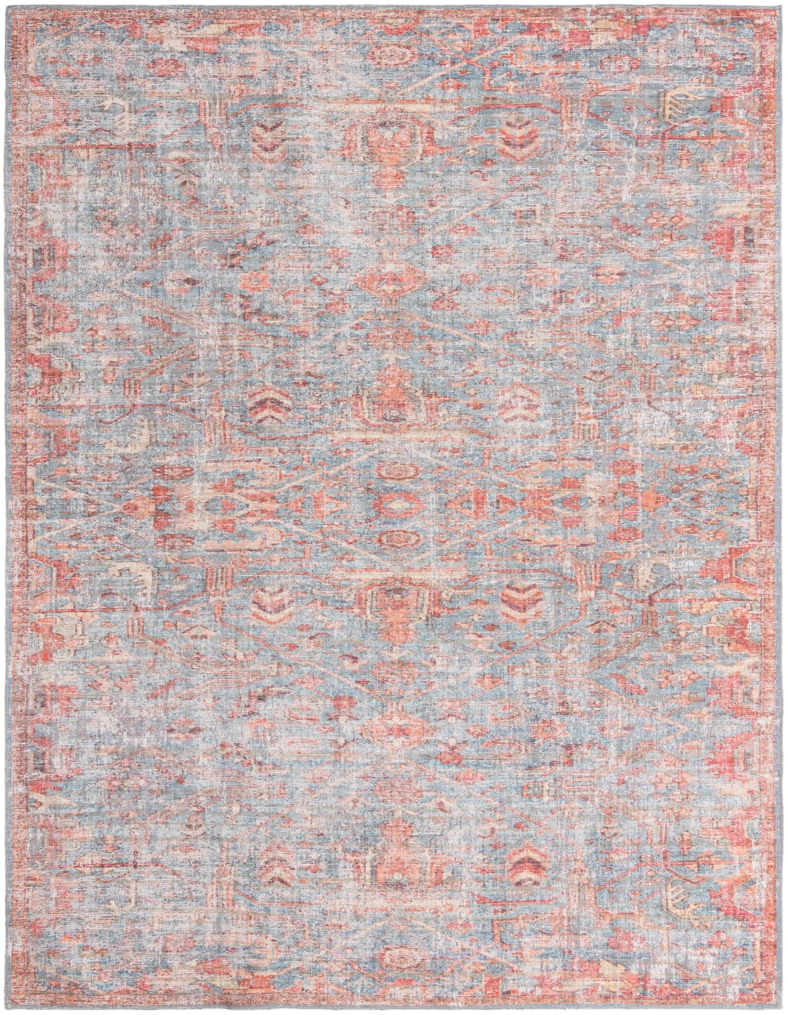 Antique Blue and Pink Washable Synthetic Area Rug 9' x 12'