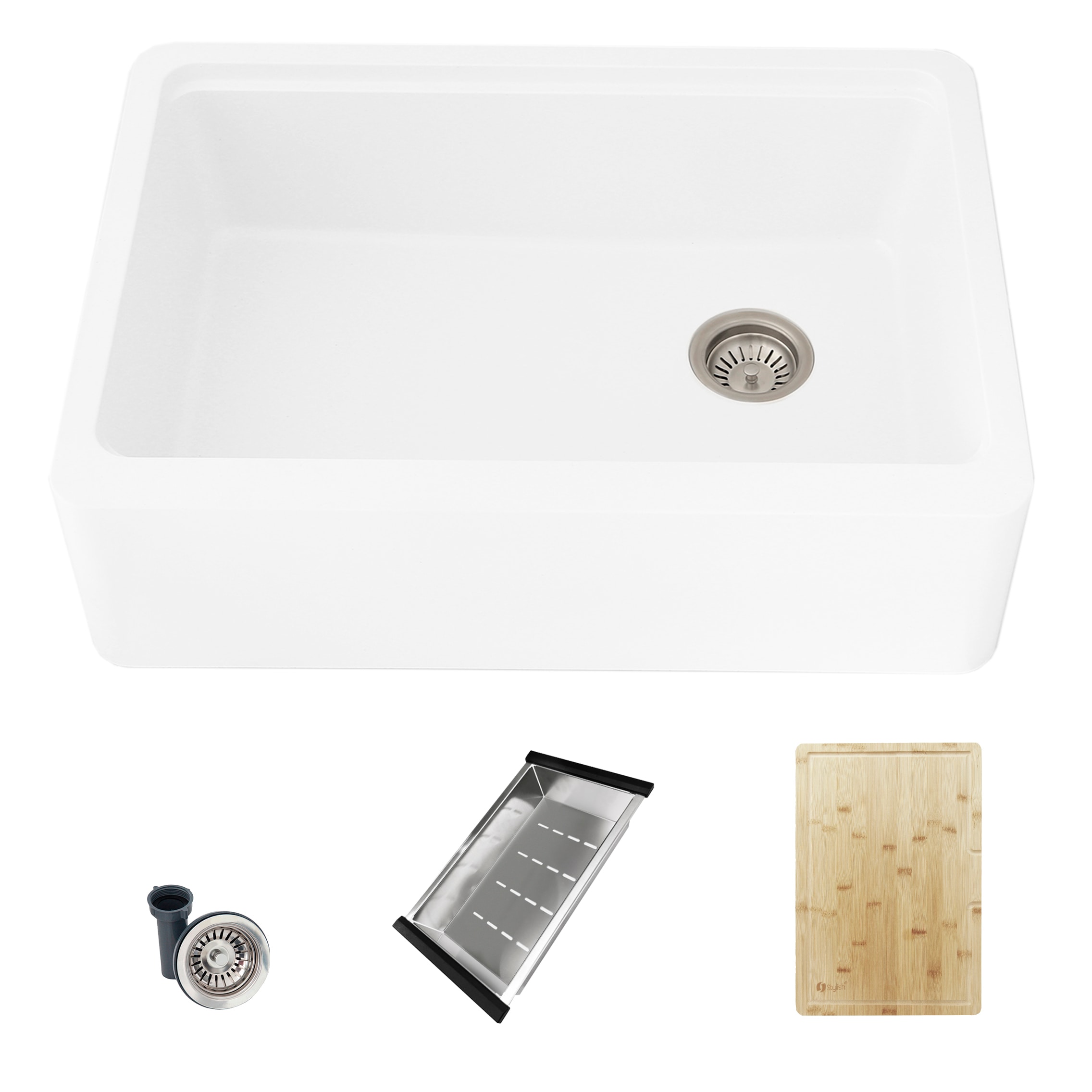 Stylish S-830WH Farmhouse apron front 30-in x 21-in Composite Single bowl Workstation Kitchen Sink with Drainboard