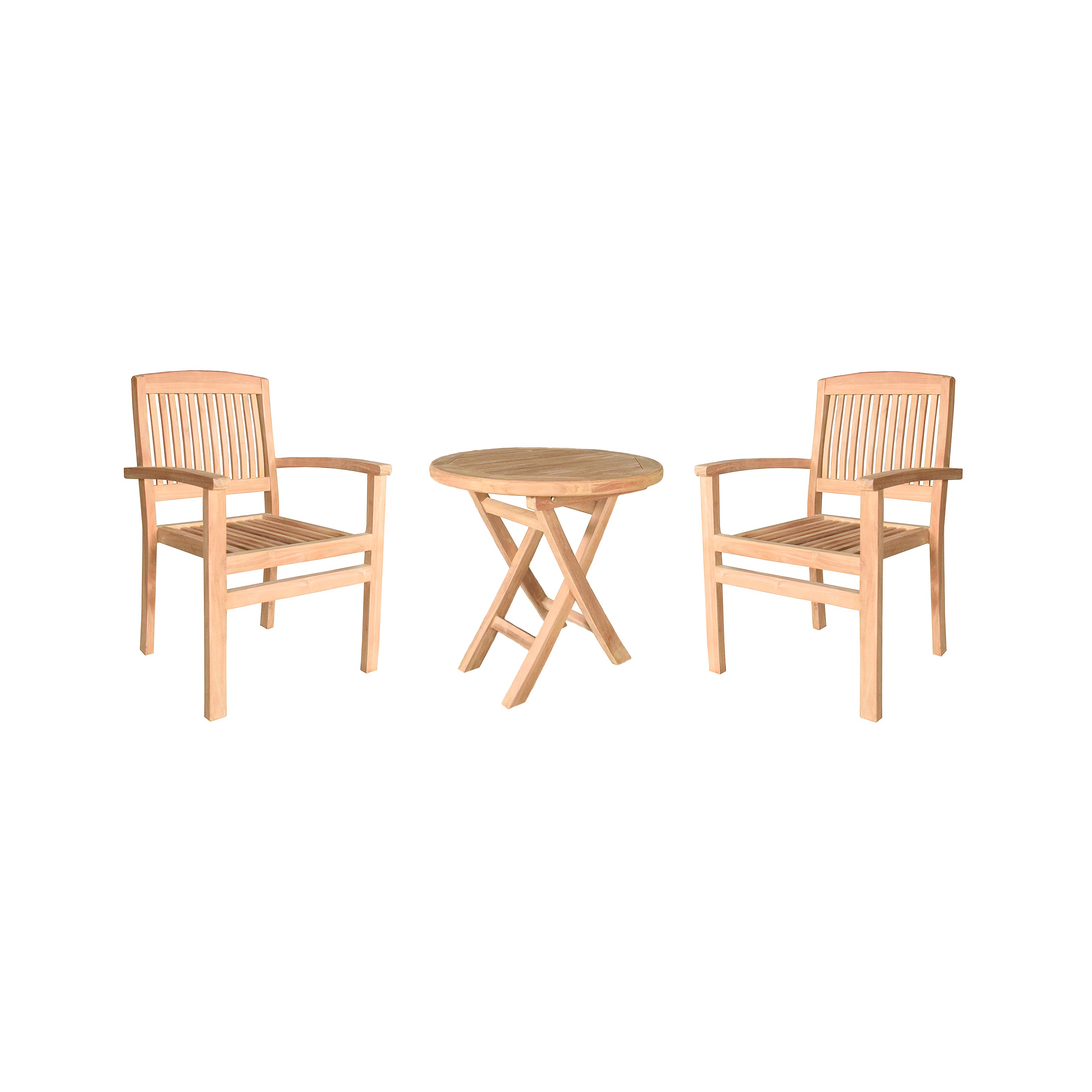 Evergreen 62H88 3 -Piece Natural Bistro Patio Dining Set Wood Round Table with 2 Stackable Stationary Chairs