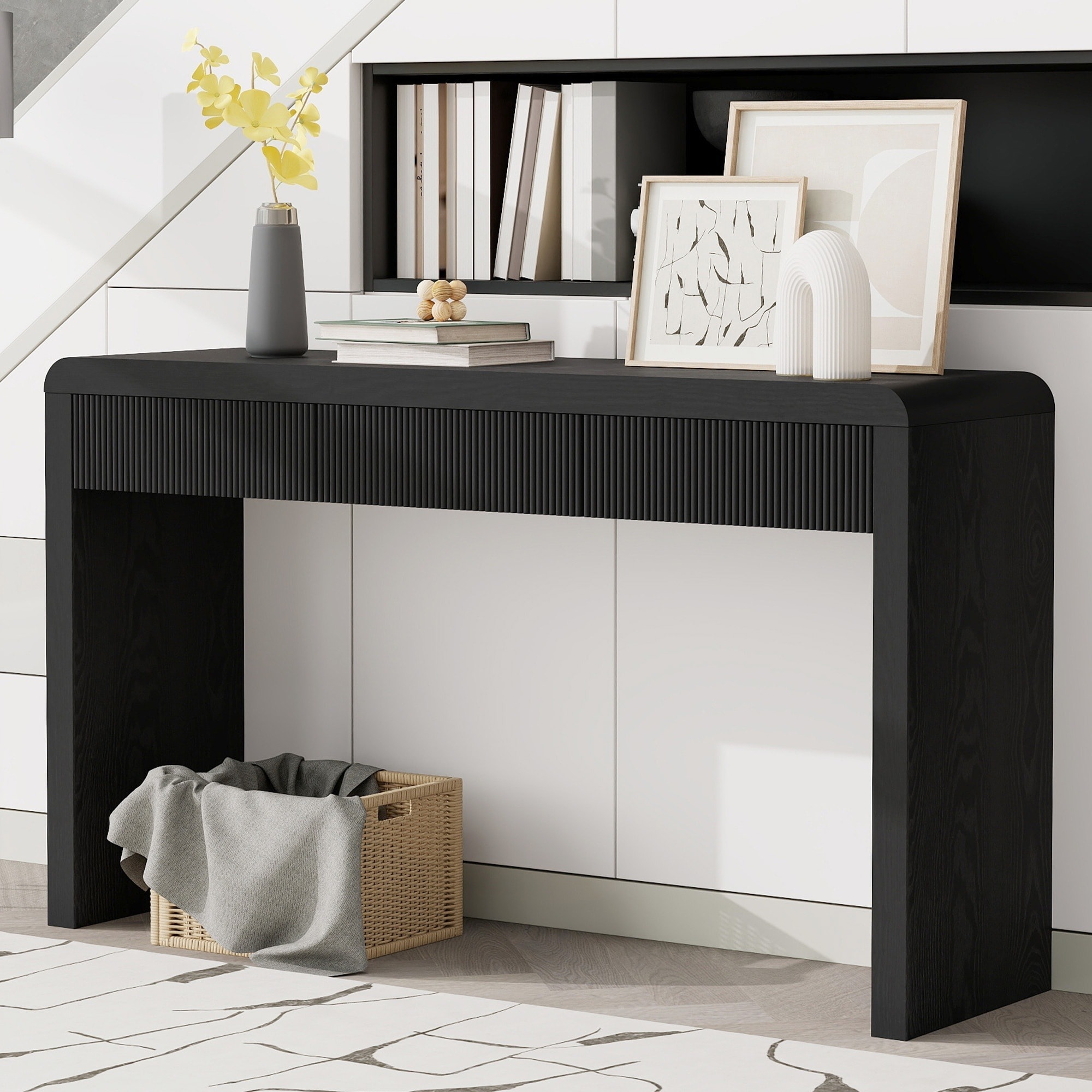 UOI 55 inch x 16 inch x 30 inch Black MDF and Solid Wood Veneer Console Table with 3 Fluted Drawers and Adjustable Feet