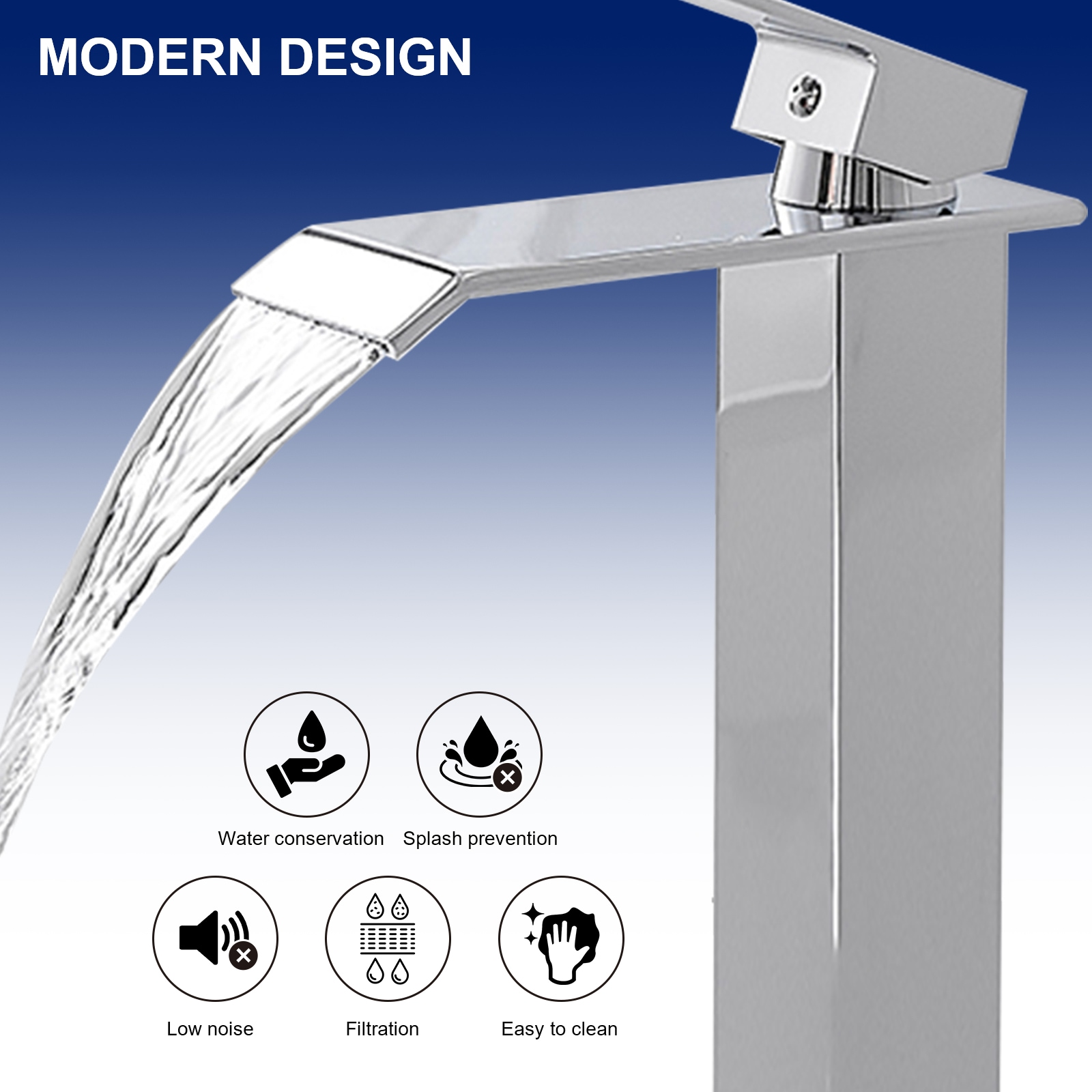 Polished Chrome Waterfall Vessel Sink Faucet with Pop-Up Drain