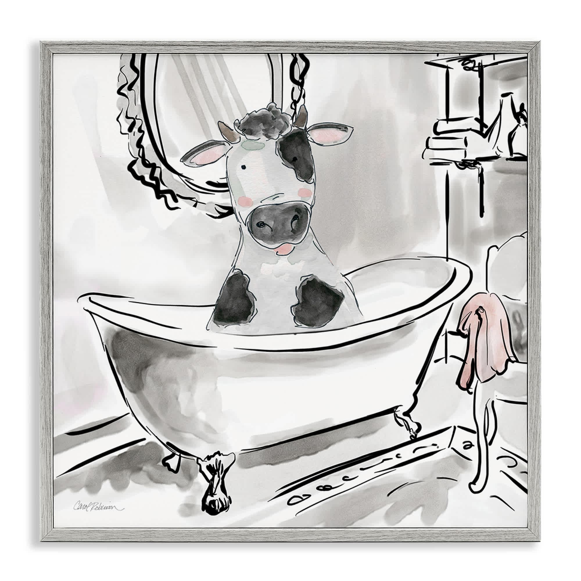 Stupell Industries BT-960-GFF-12X12 Minimal Bathtub Cow Gray Framed Giclee Art By Carol Robinson 12 x 12